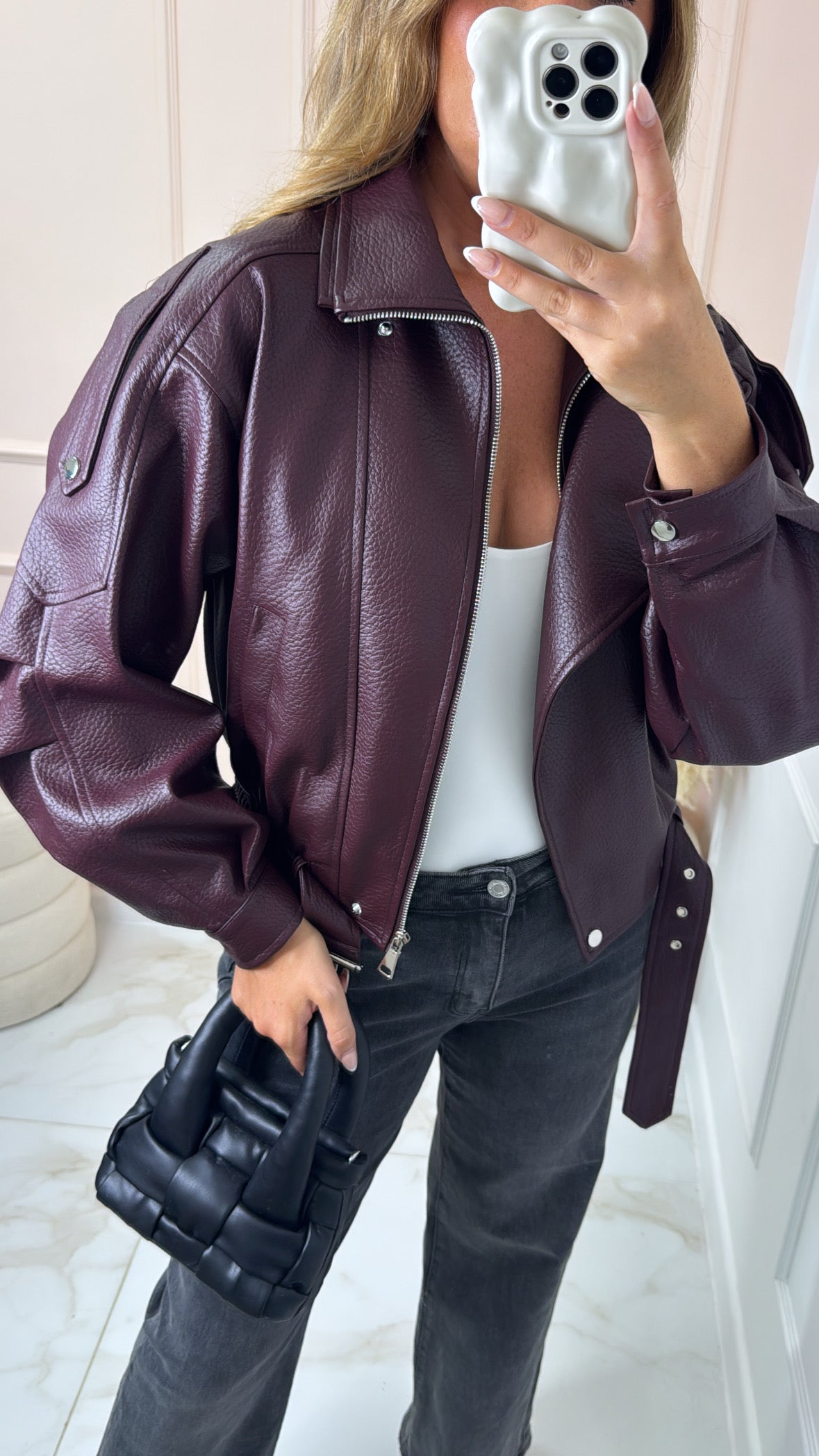 ALEXA wine belted faux leather biker jacket