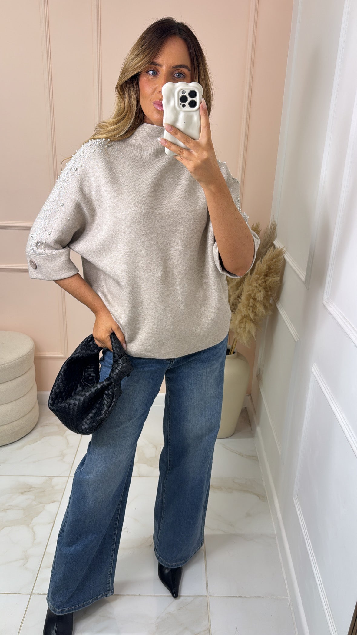 ALICE beige embellished knit top