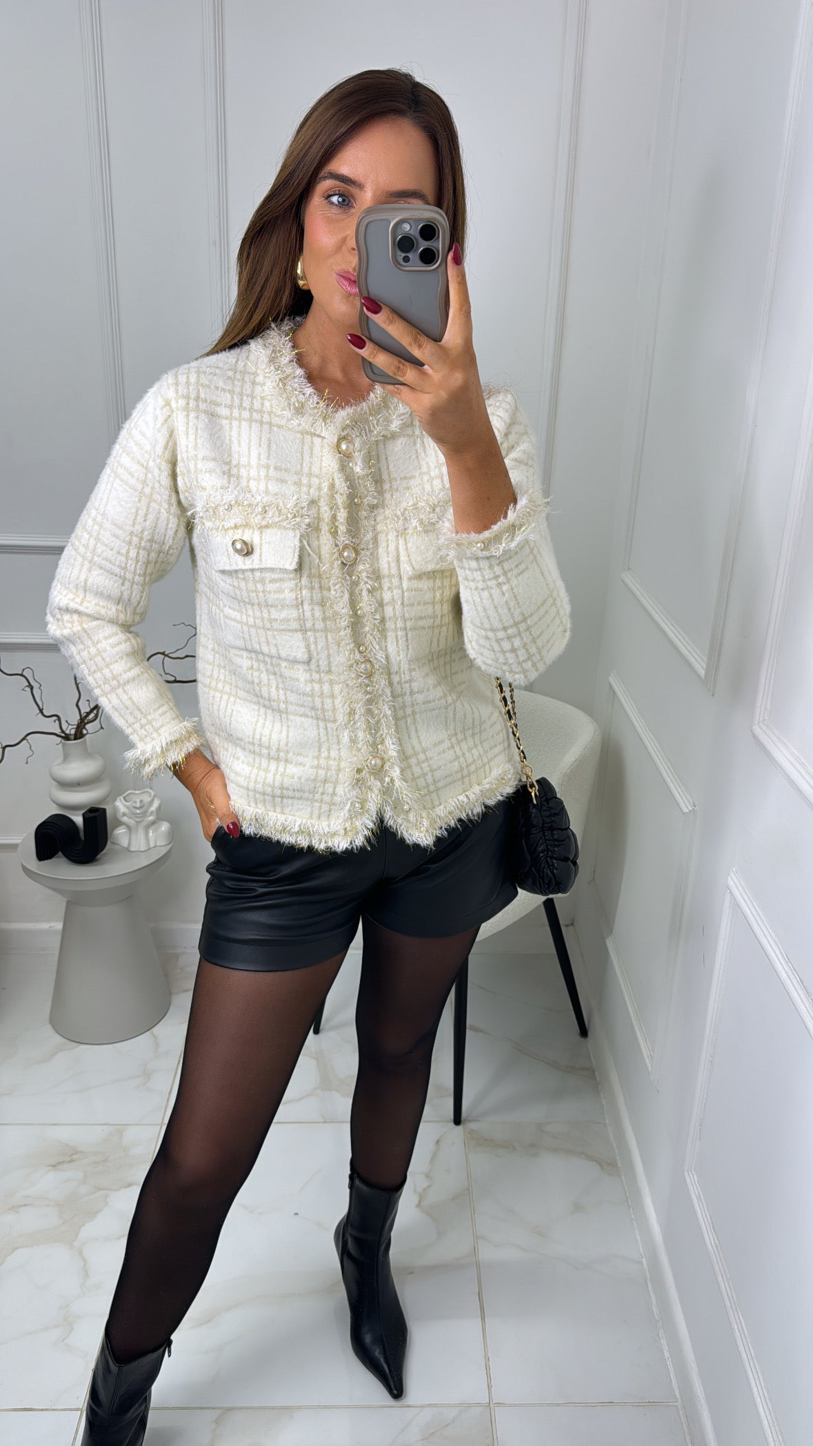 HARRIET cream button front textured cardigan