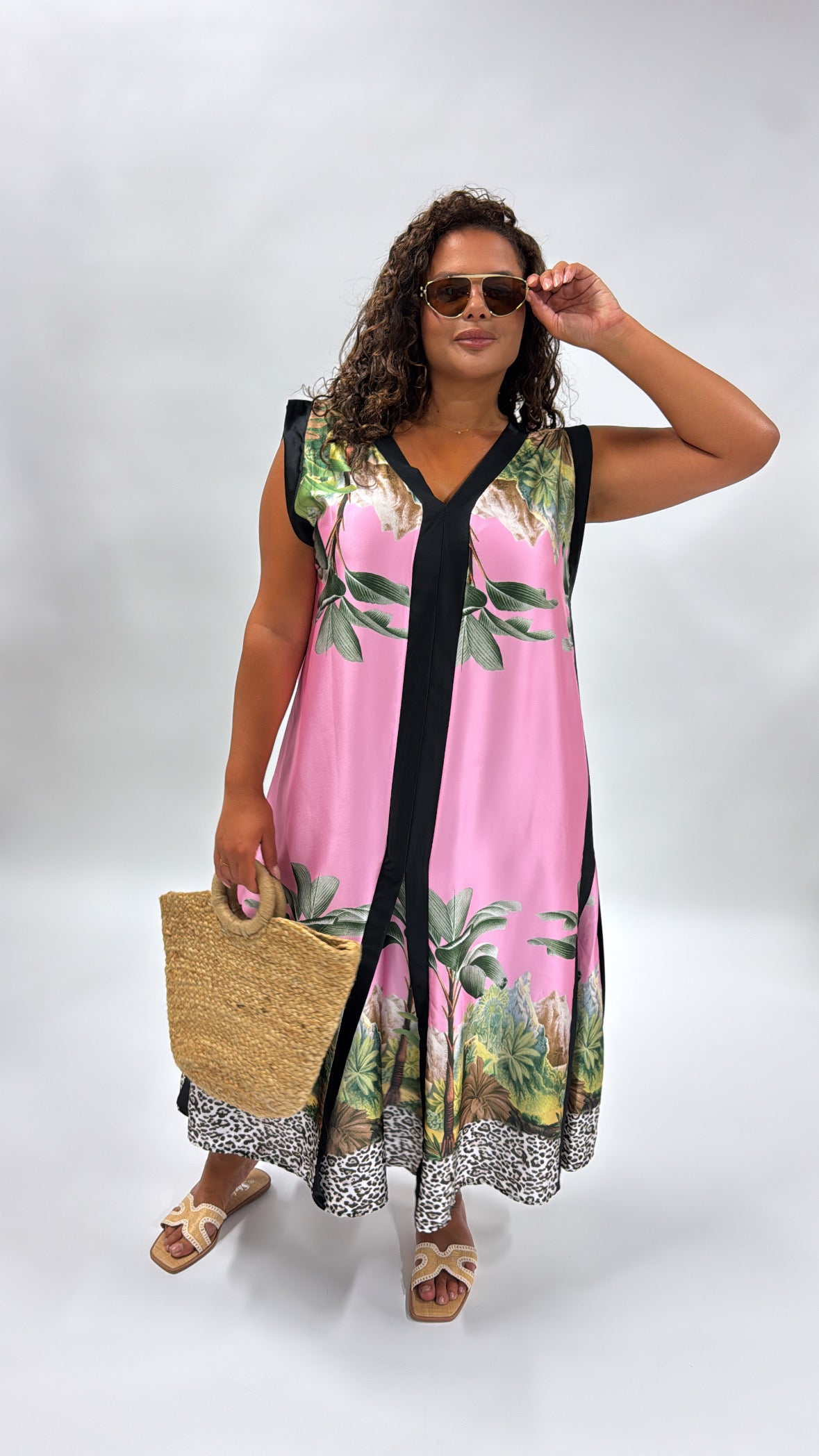 ELLIE pink leaf print satin sleeveless maxi dress