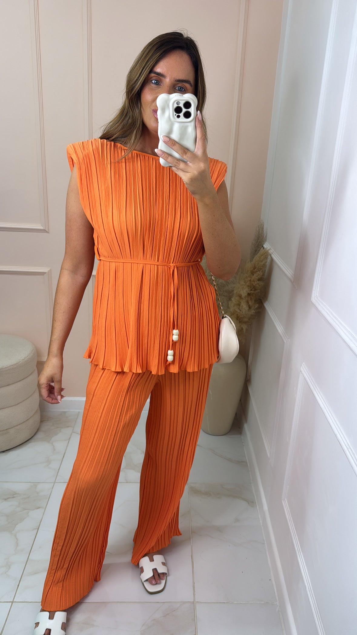 IZZY orange pleated shoulder pad trouser set