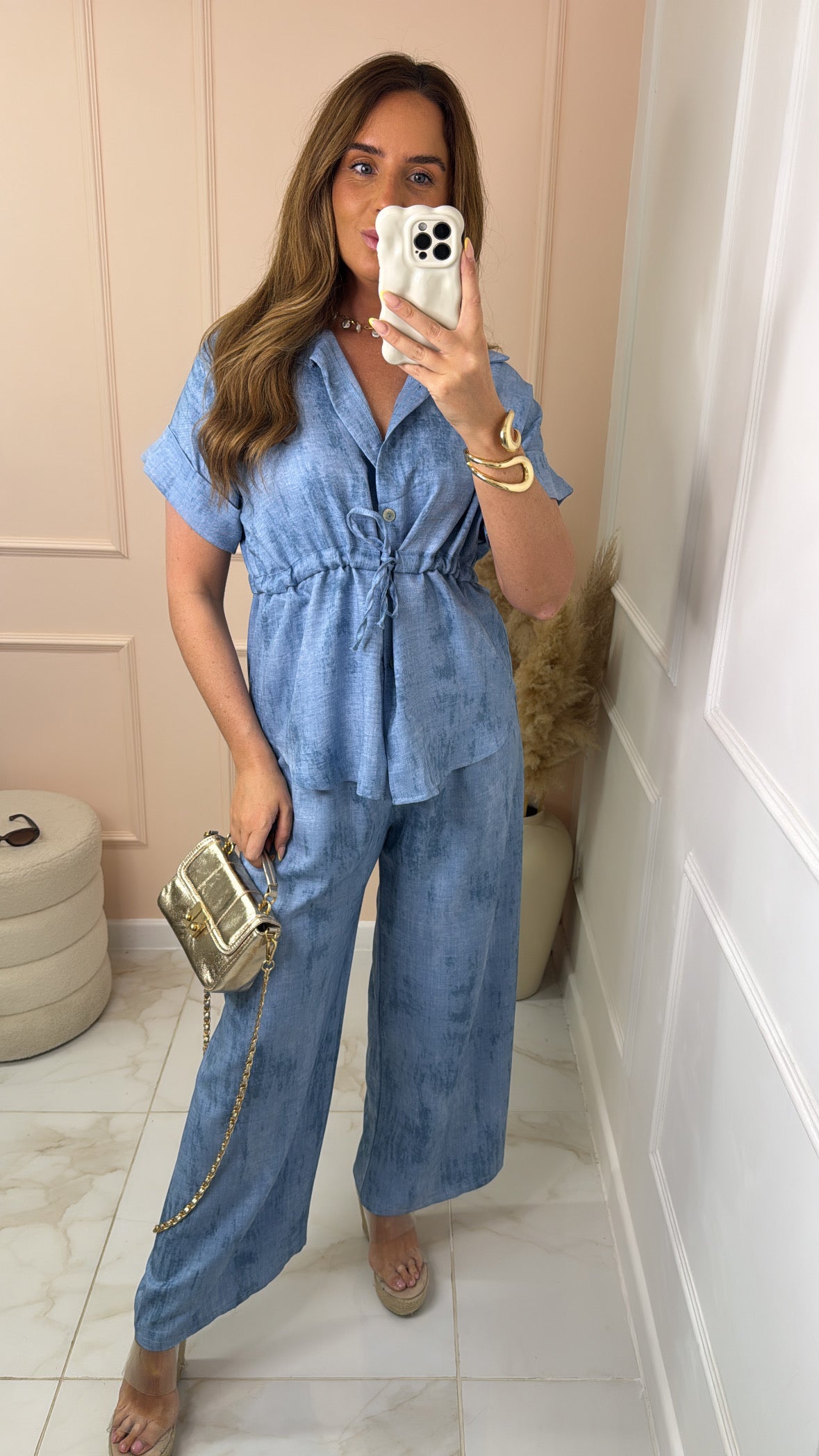 ELISE denim marble effect button shirt trouser set