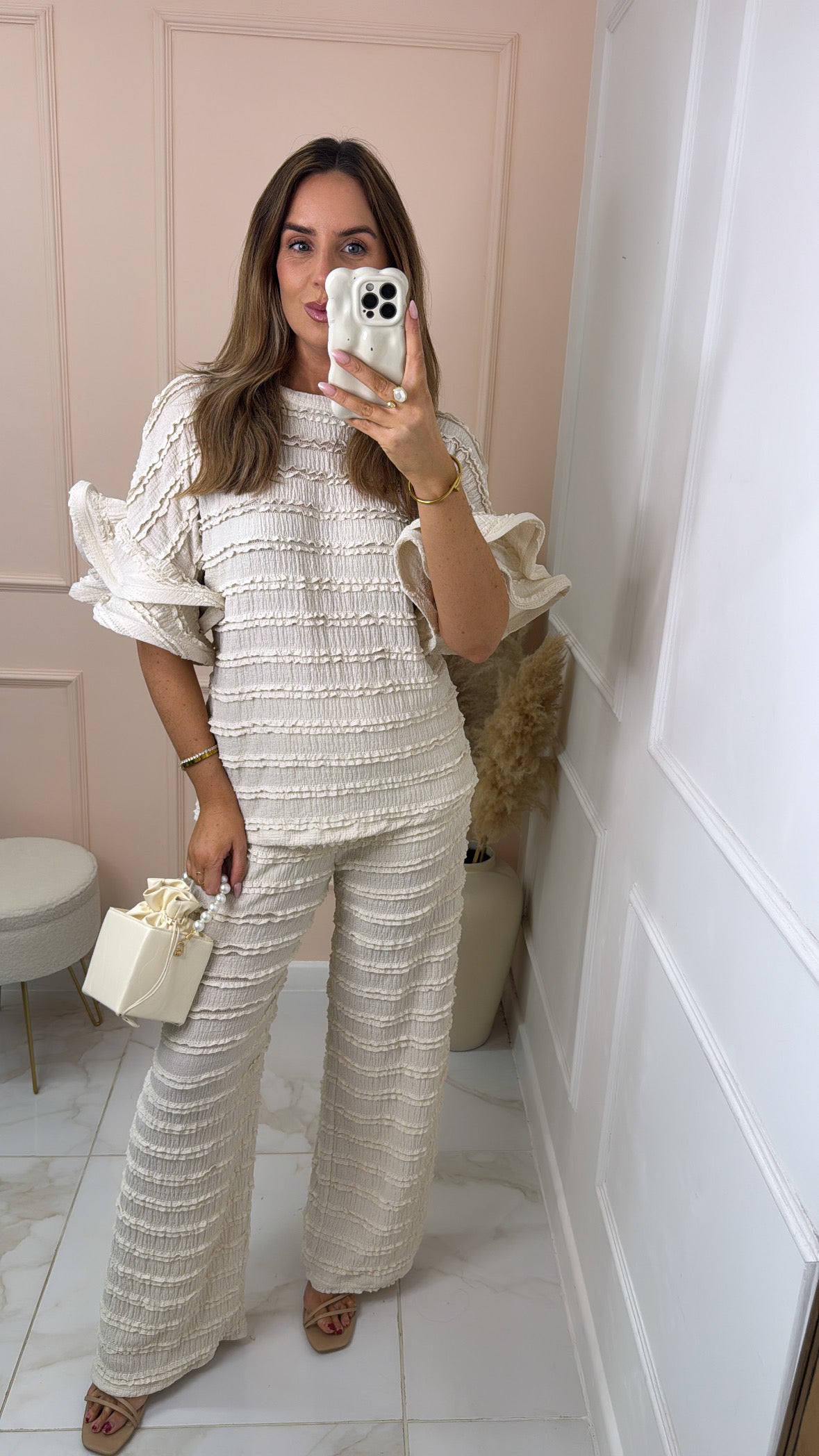 LILLIAN beige ruffle sleeve trouser set