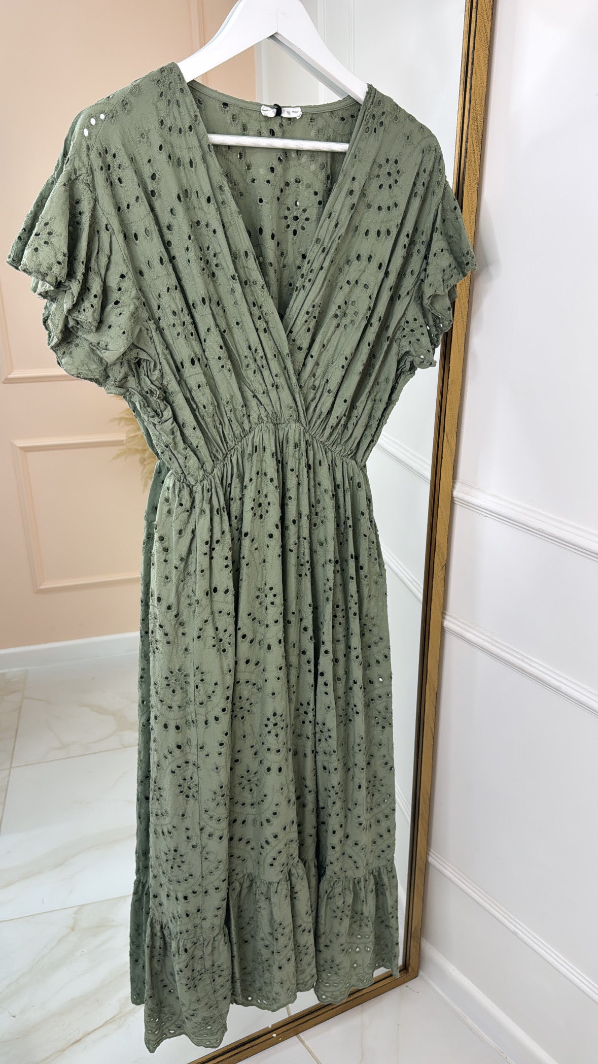 KATY khaki frill broderie anglaise summer dress