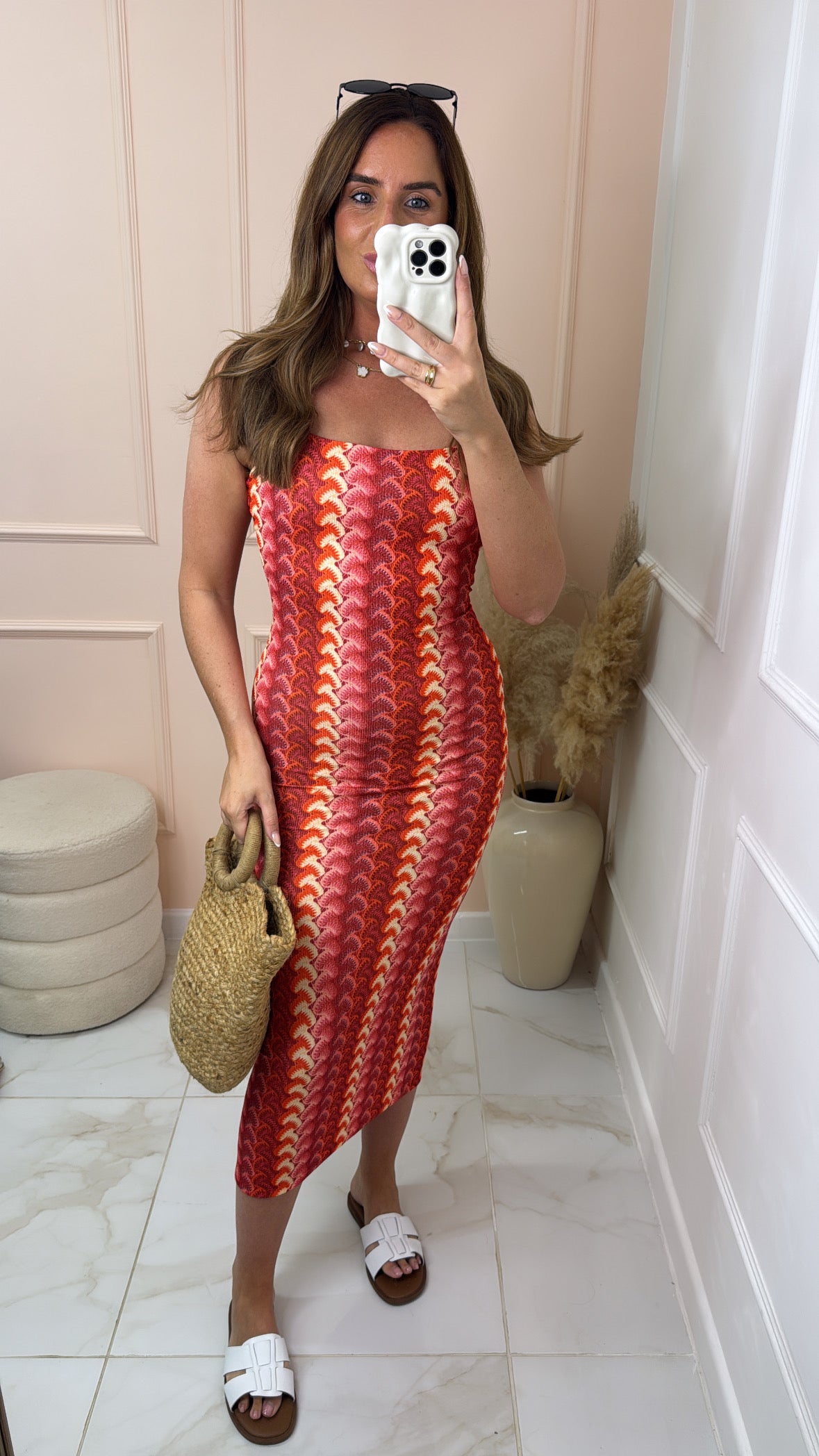 EMMA coral zig zag wave print midi dress