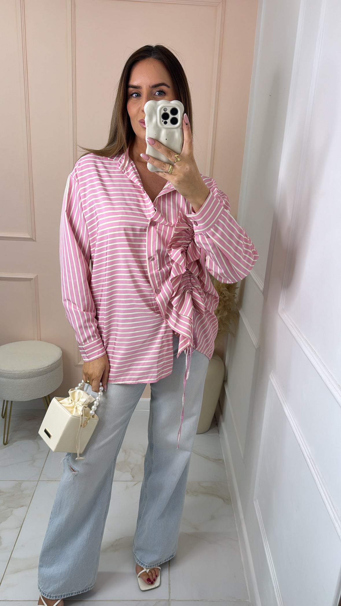 LUCIE pink pinstripe ruffle ruched shirt