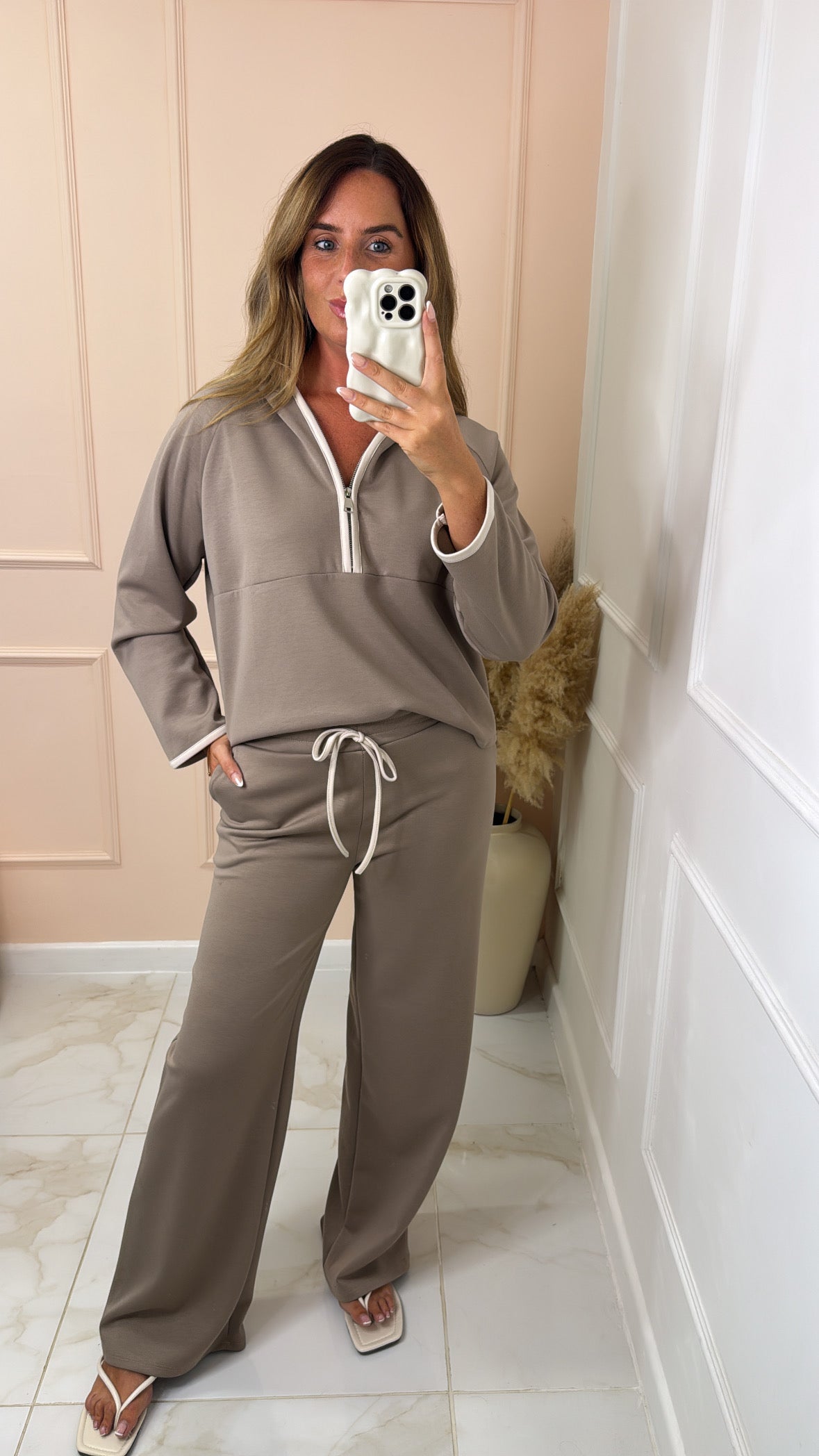 HOLLIE taupe hooded half zip contrast lounge set