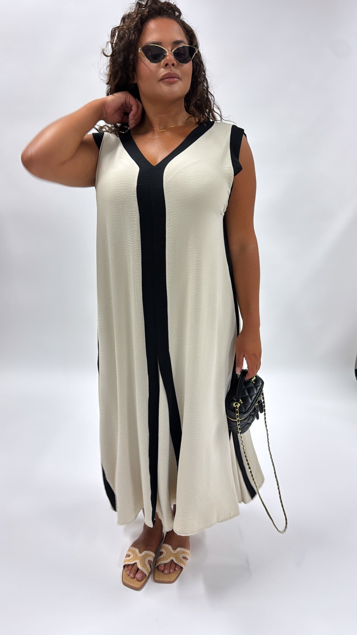 EVA beige contrast sleeveless maxi dress