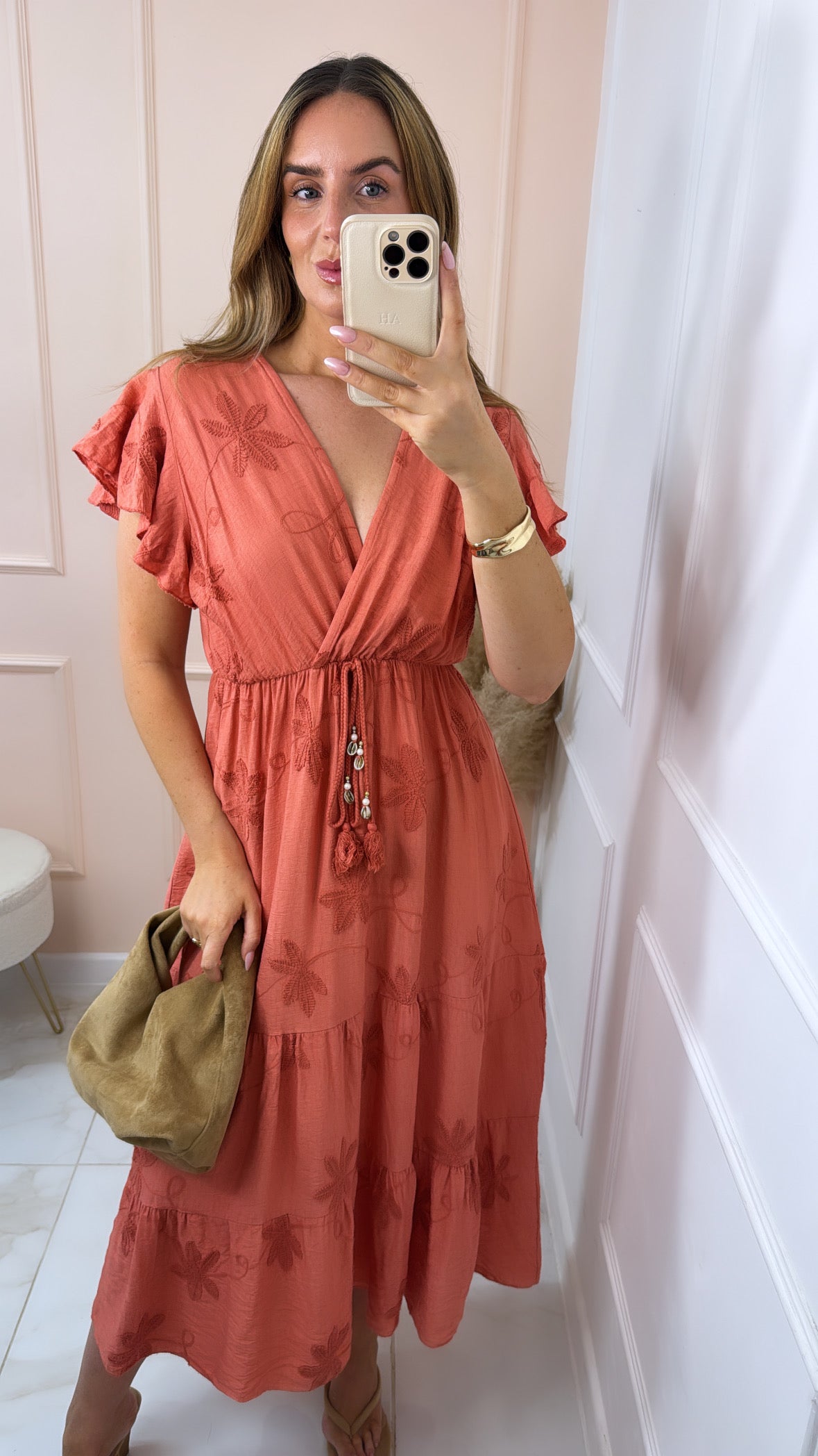 AALIYAH coral embroidered floral maxi dress