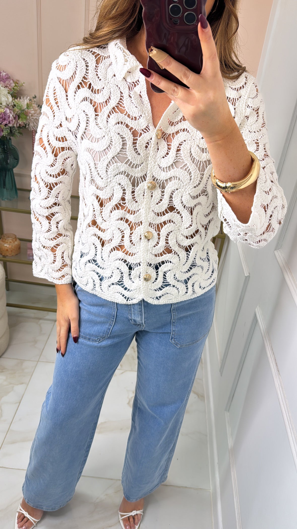 CLARA white crochet gold button shirt