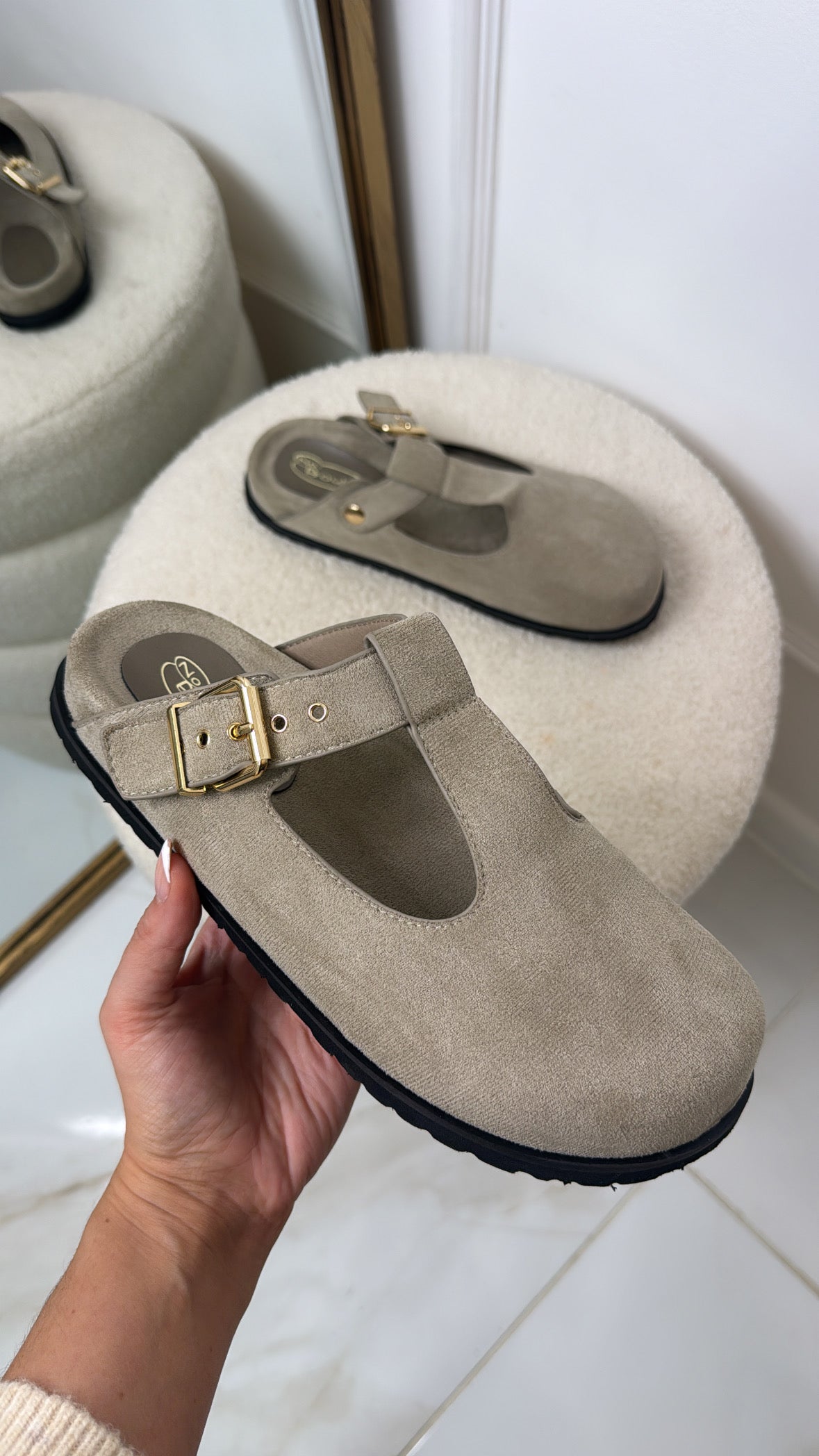 KHLOE beige buckle slip on mule