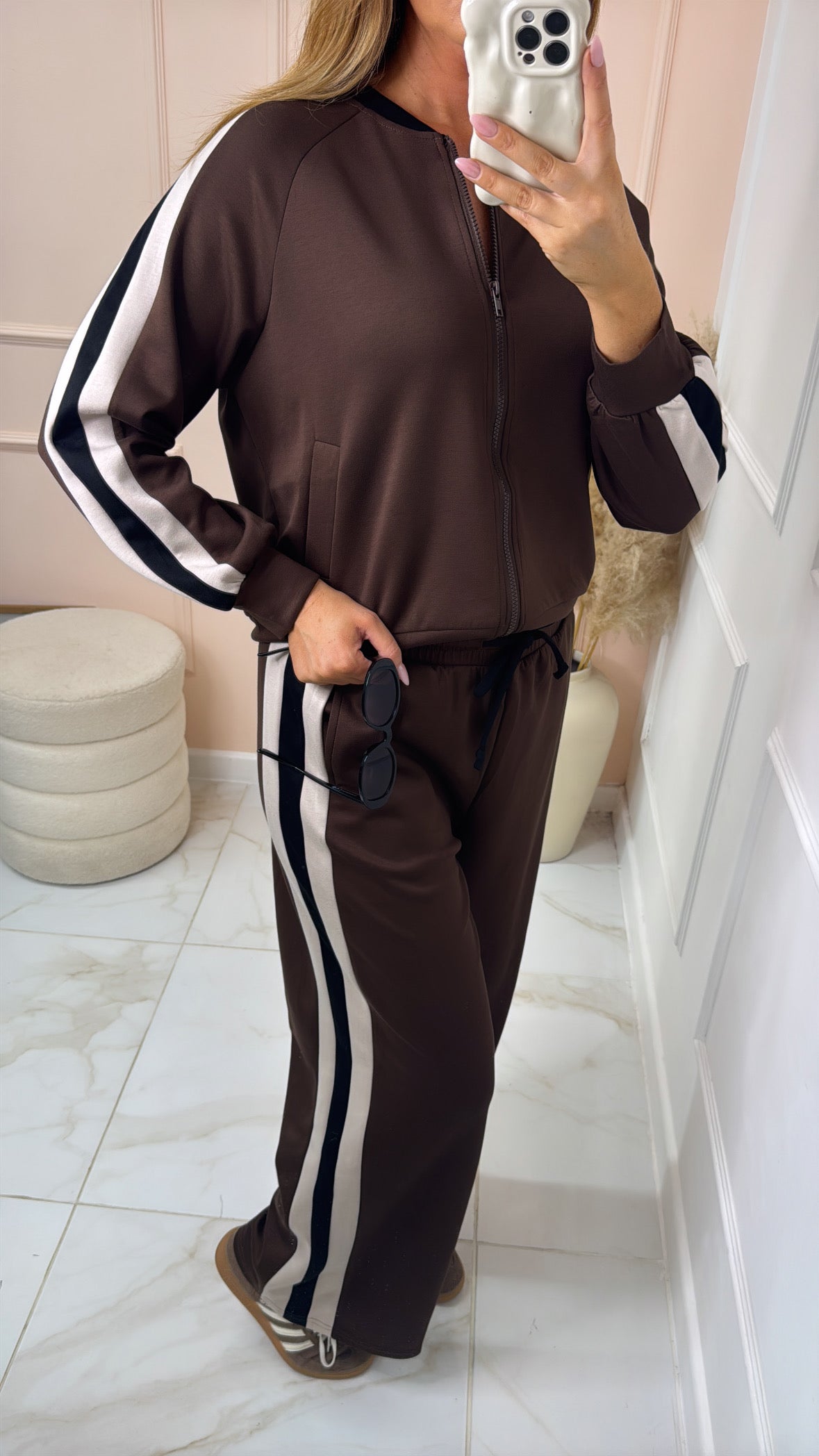 GIANA brown side stripe bomber lounge set