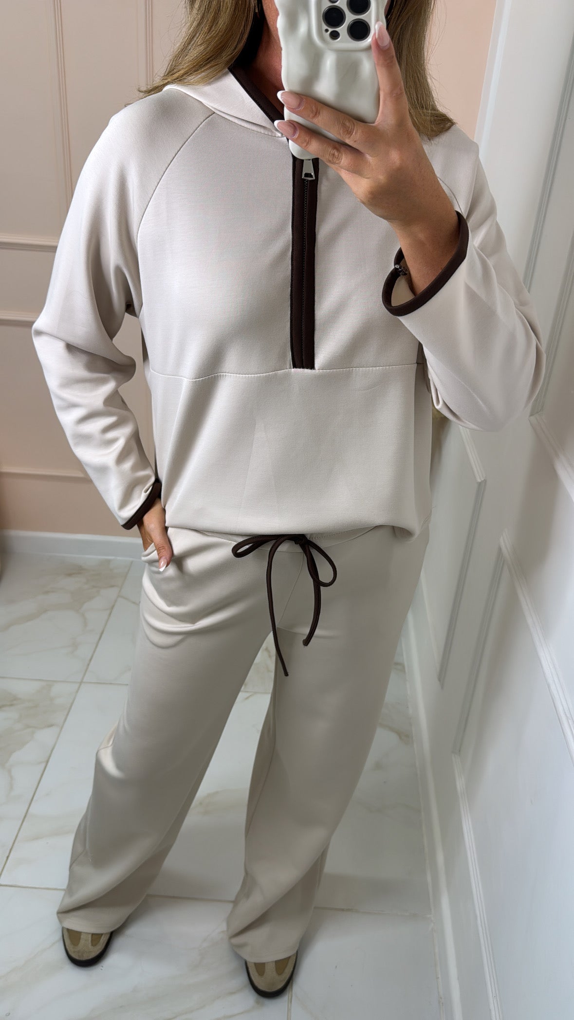 HOLLIE beige hooded half zip contrast lounge set