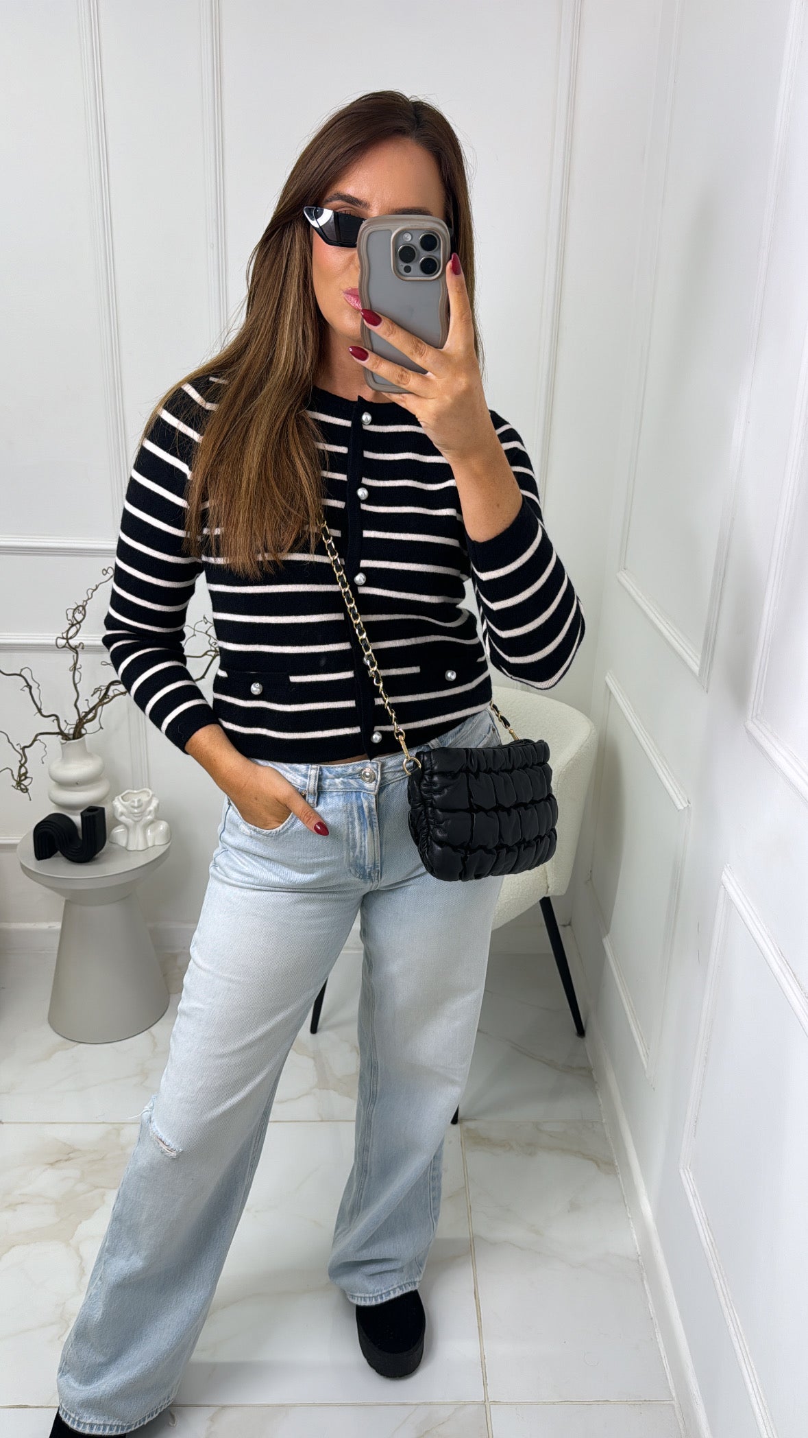 LUCIE black stripe pearl button cardigan