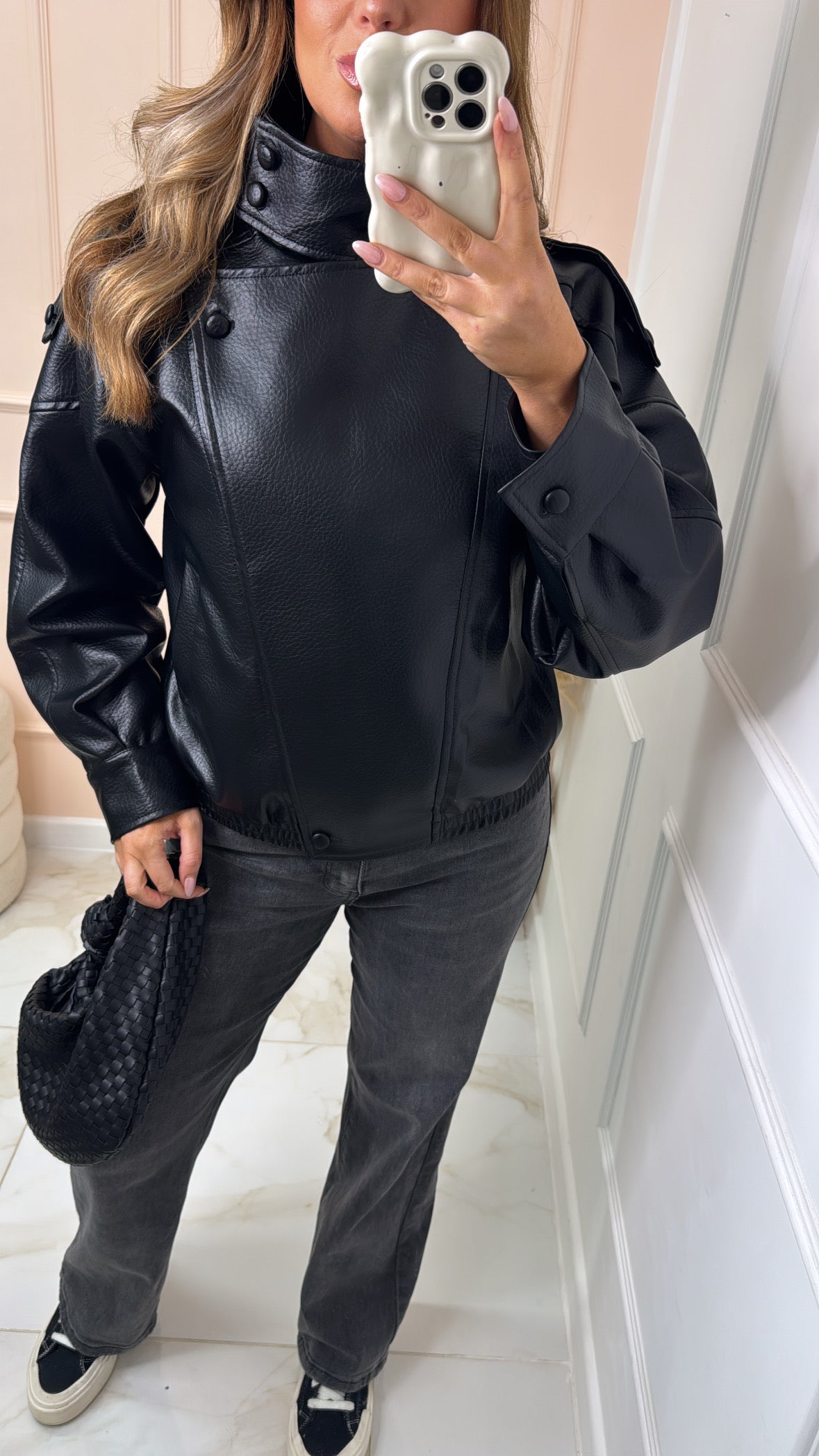 FRANKIE black high neck faux leather jacket