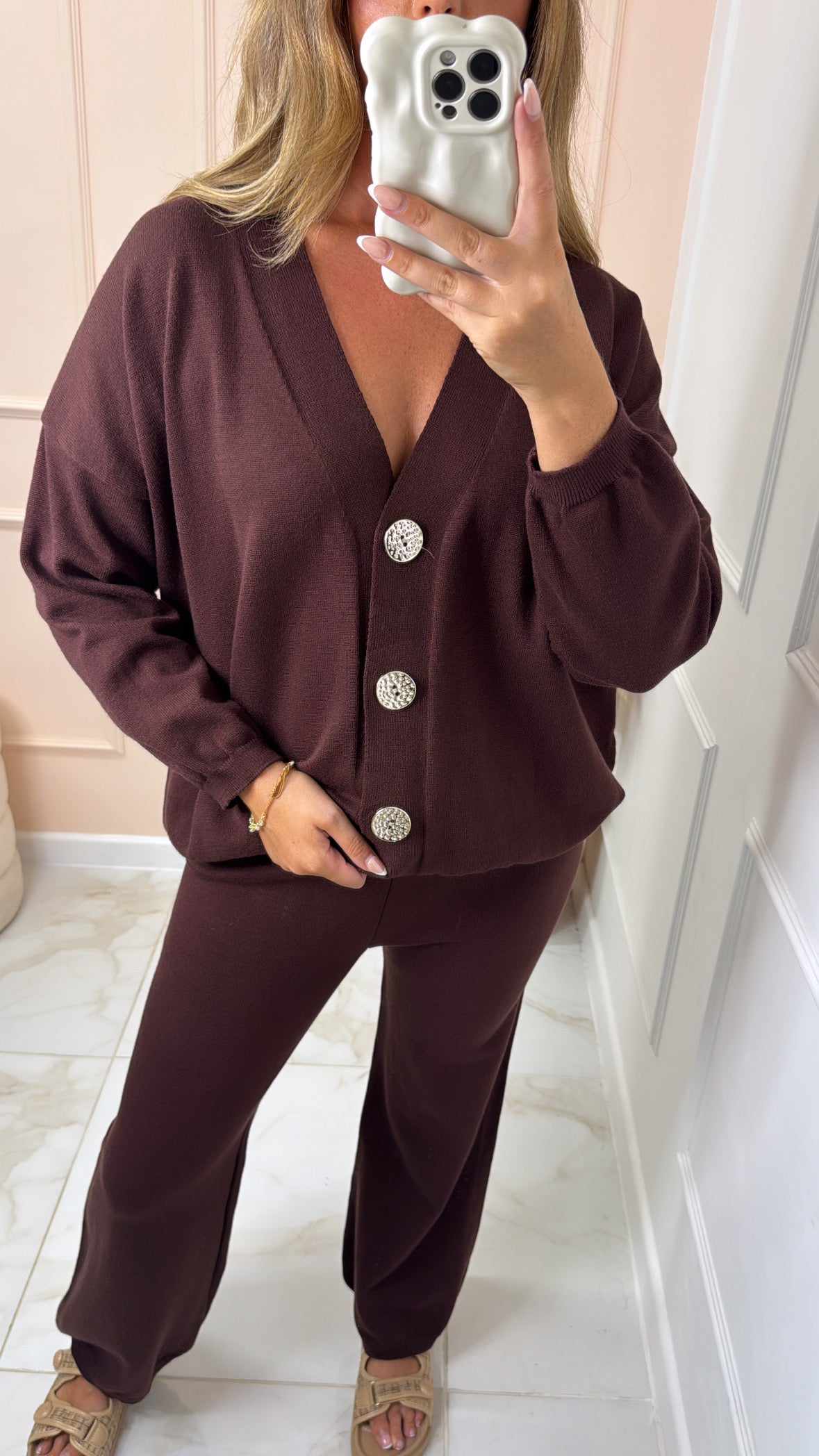 RILEY chocolate fine knit cardigan lounge set