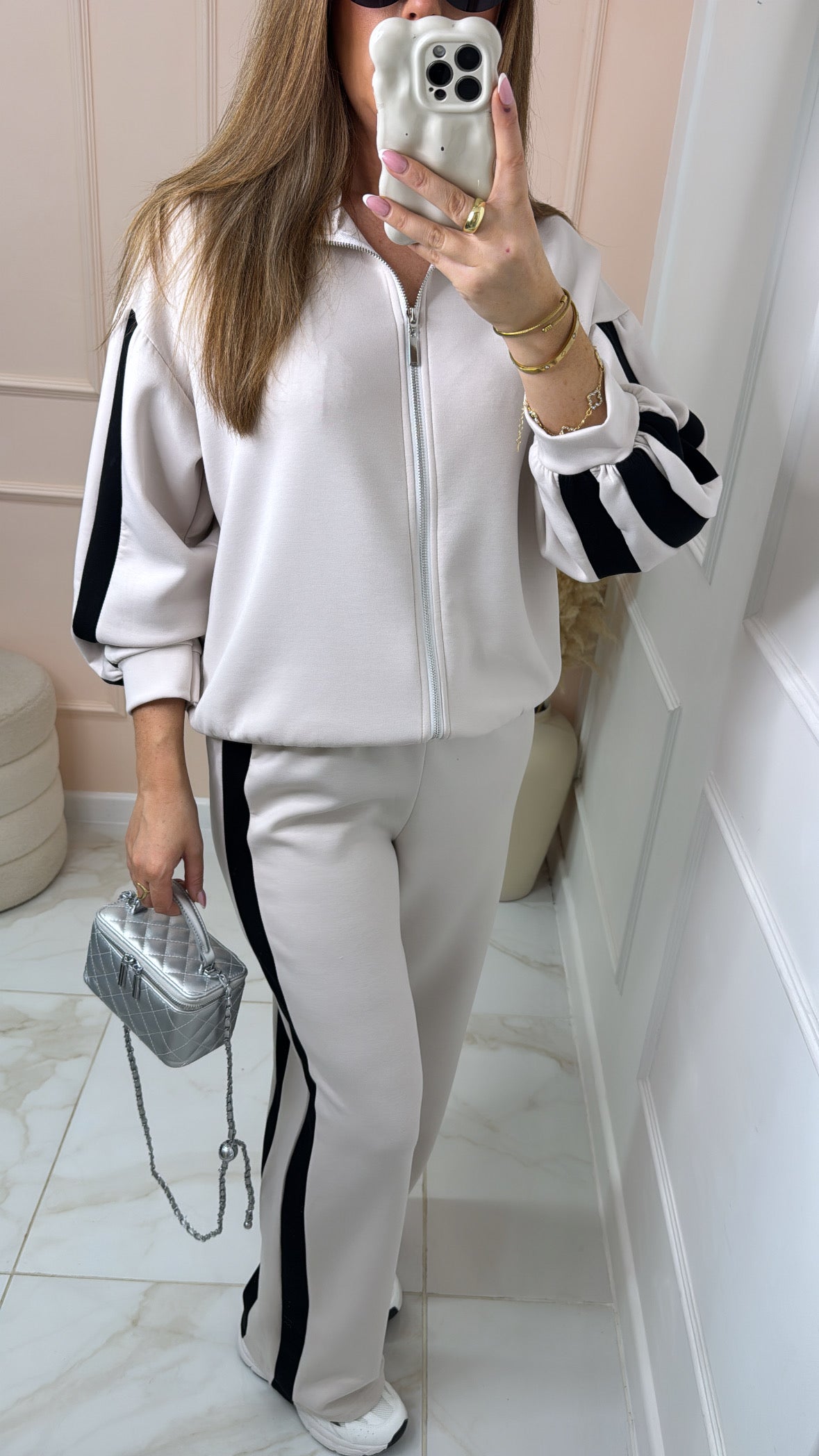 CONNIE stone funnel neck side stripe tracksuit