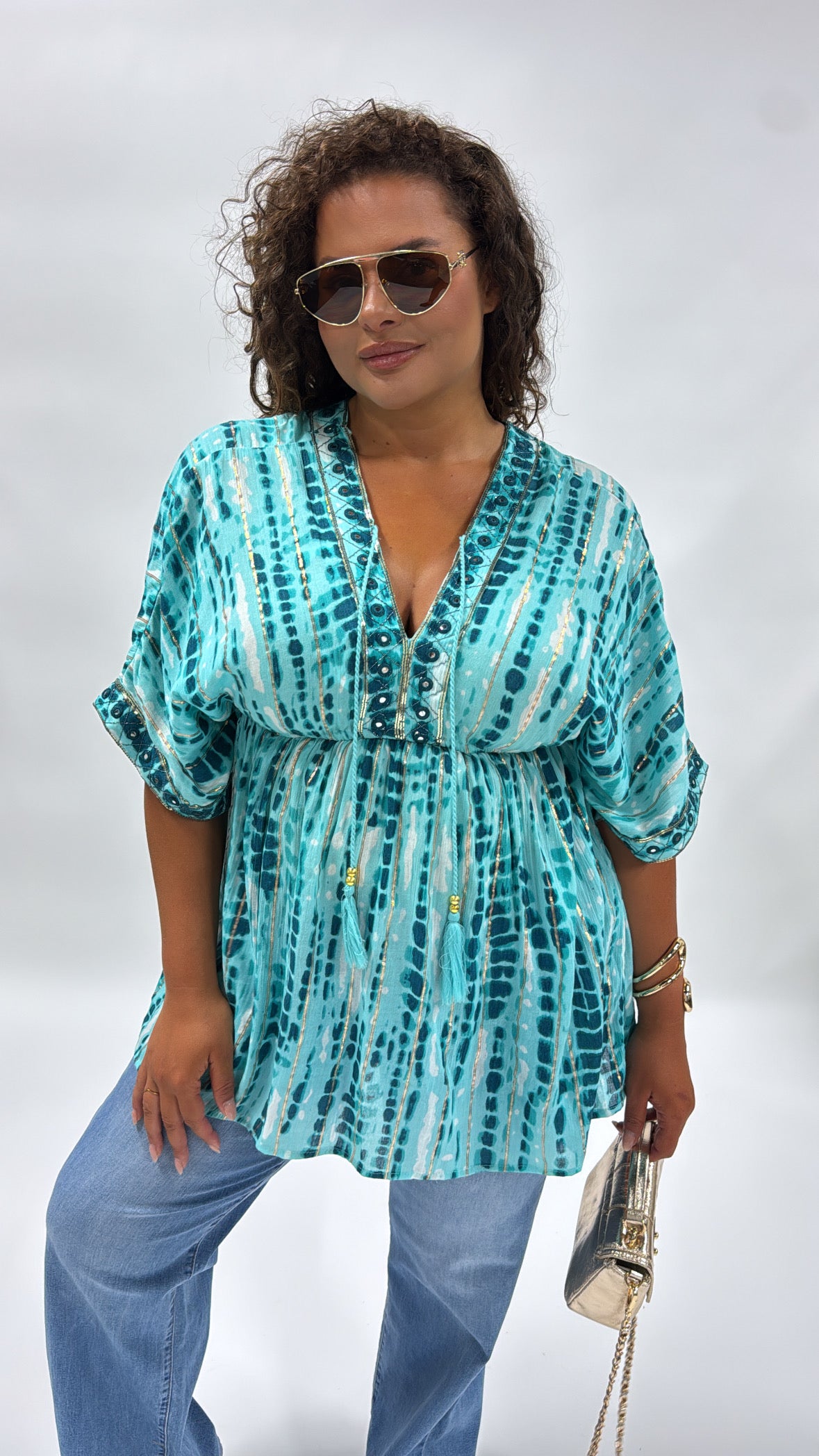 ALEXIS blue embellished smock top