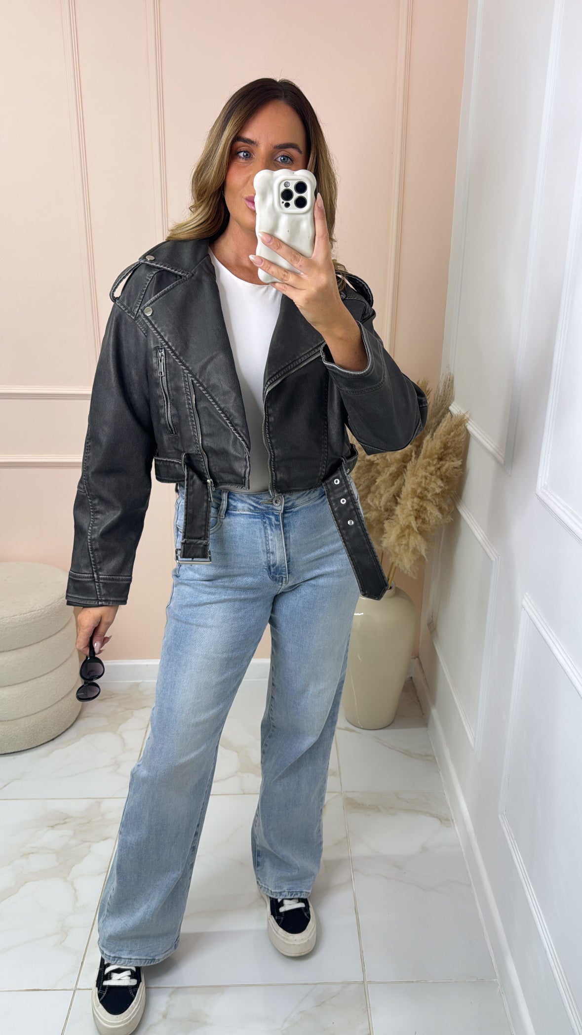 UNA charcoal faux leather cropped biker jacket
