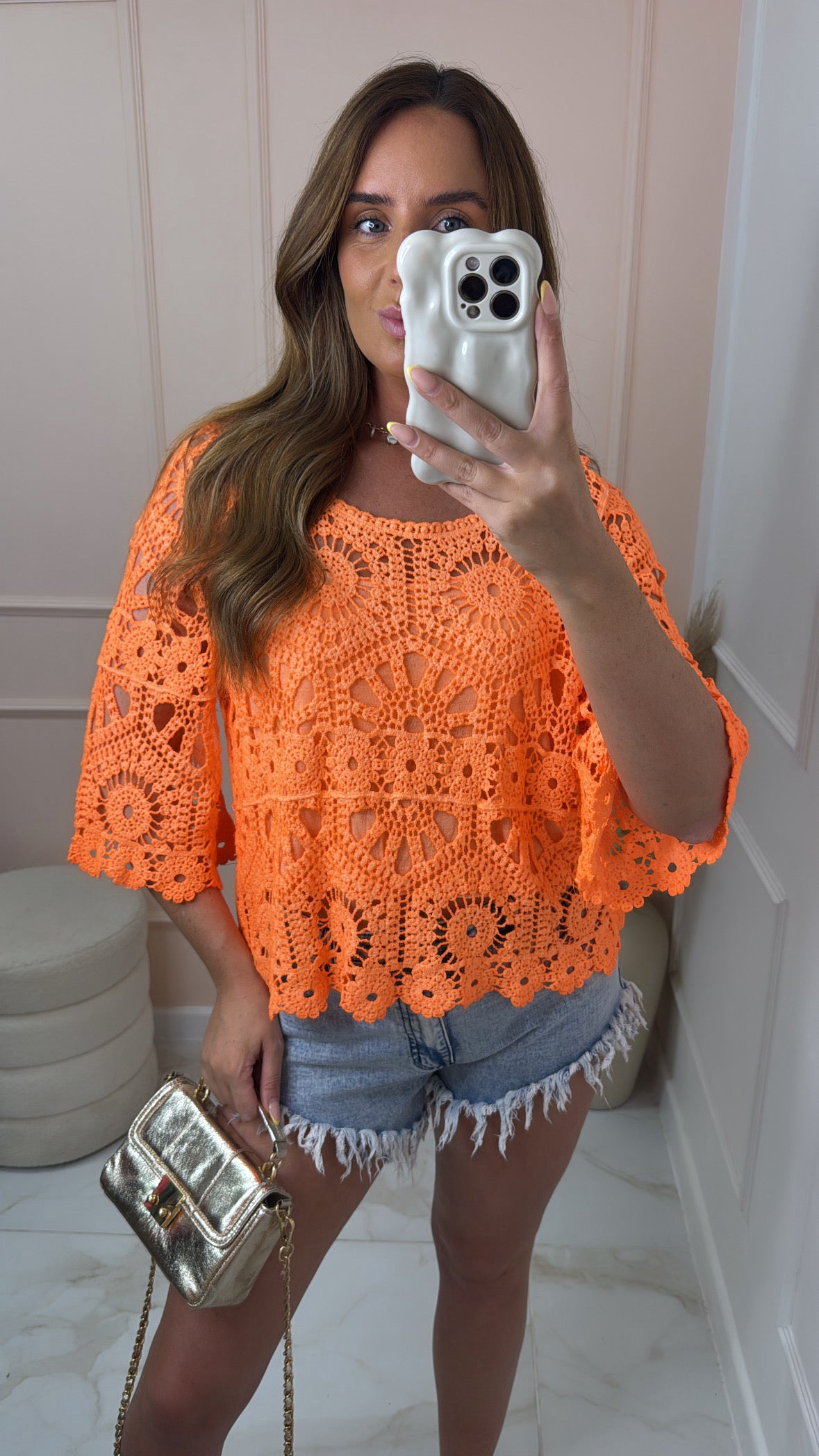 GABBY orange long sleeve crochet top
