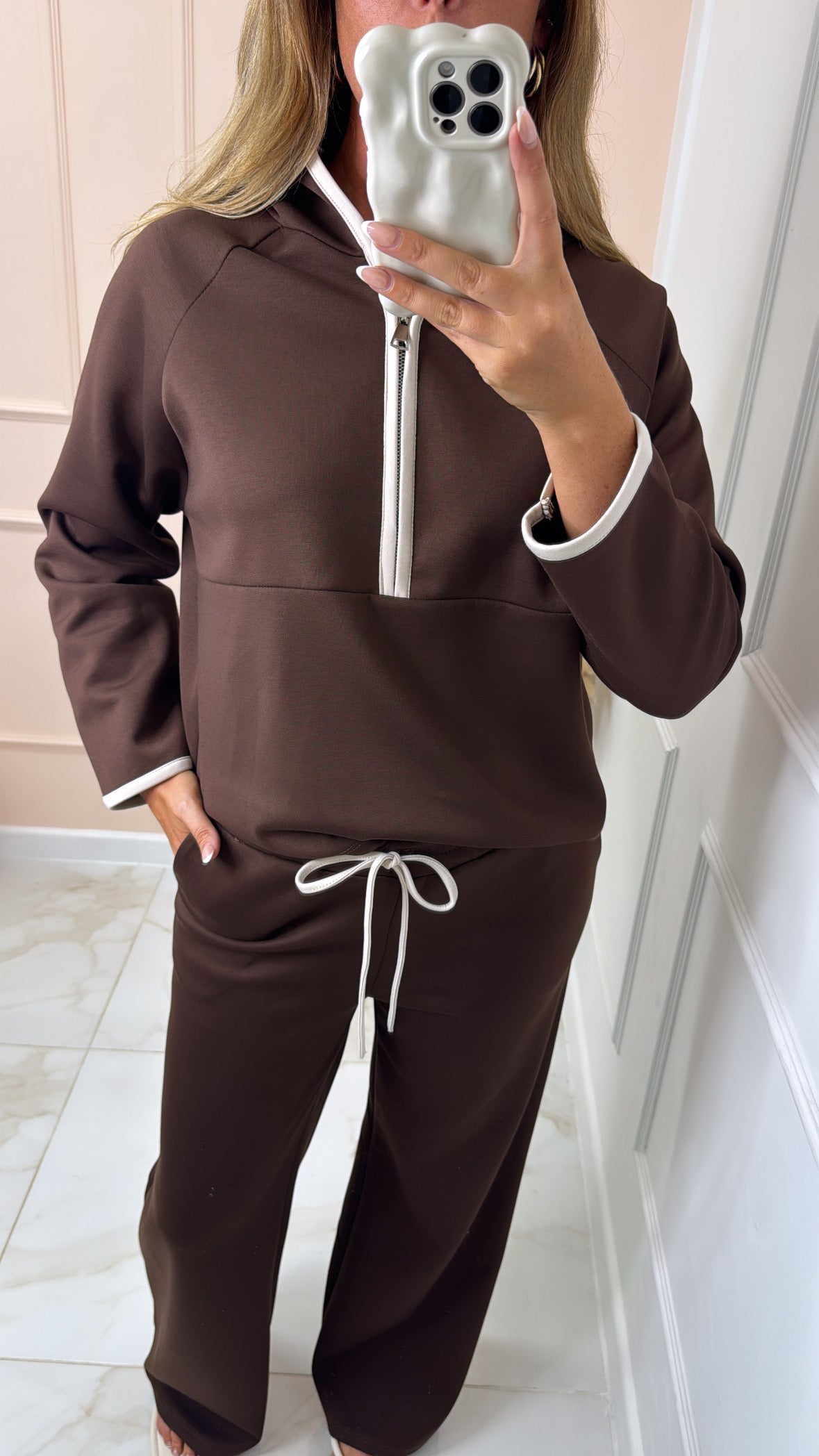 HOLLIE brown hooded half zip contrast lounge set