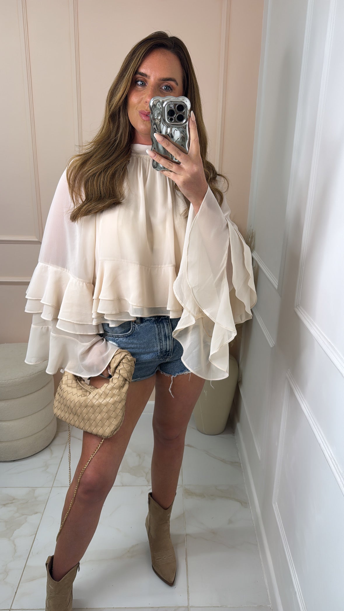 HARPER beige high neck ruffle blouse