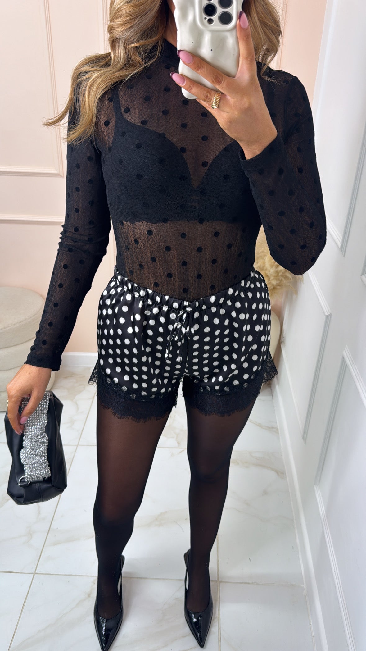 JAMIE black polka dot lace shorts