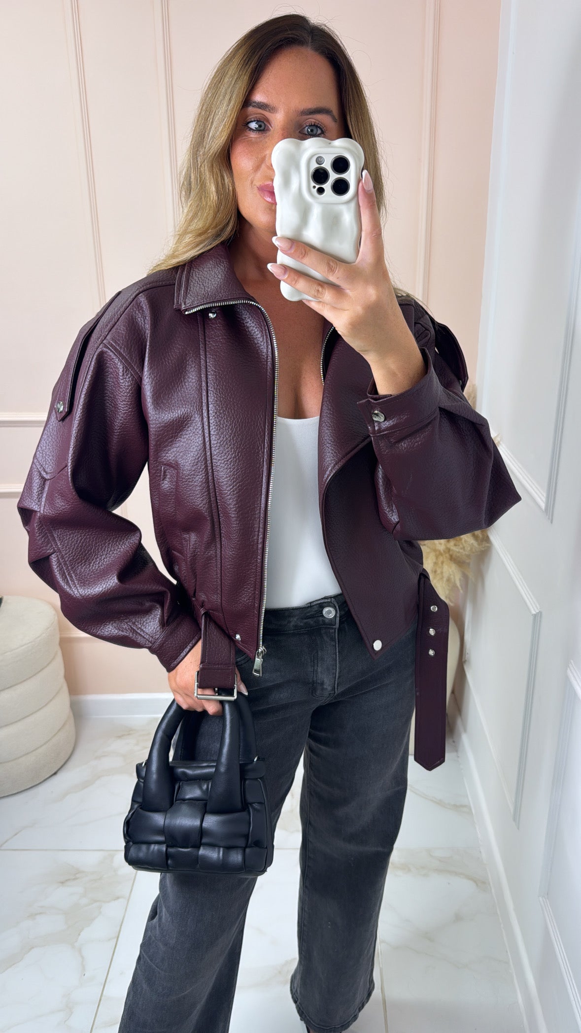 ALEXA wine belted faux leather biker jacket