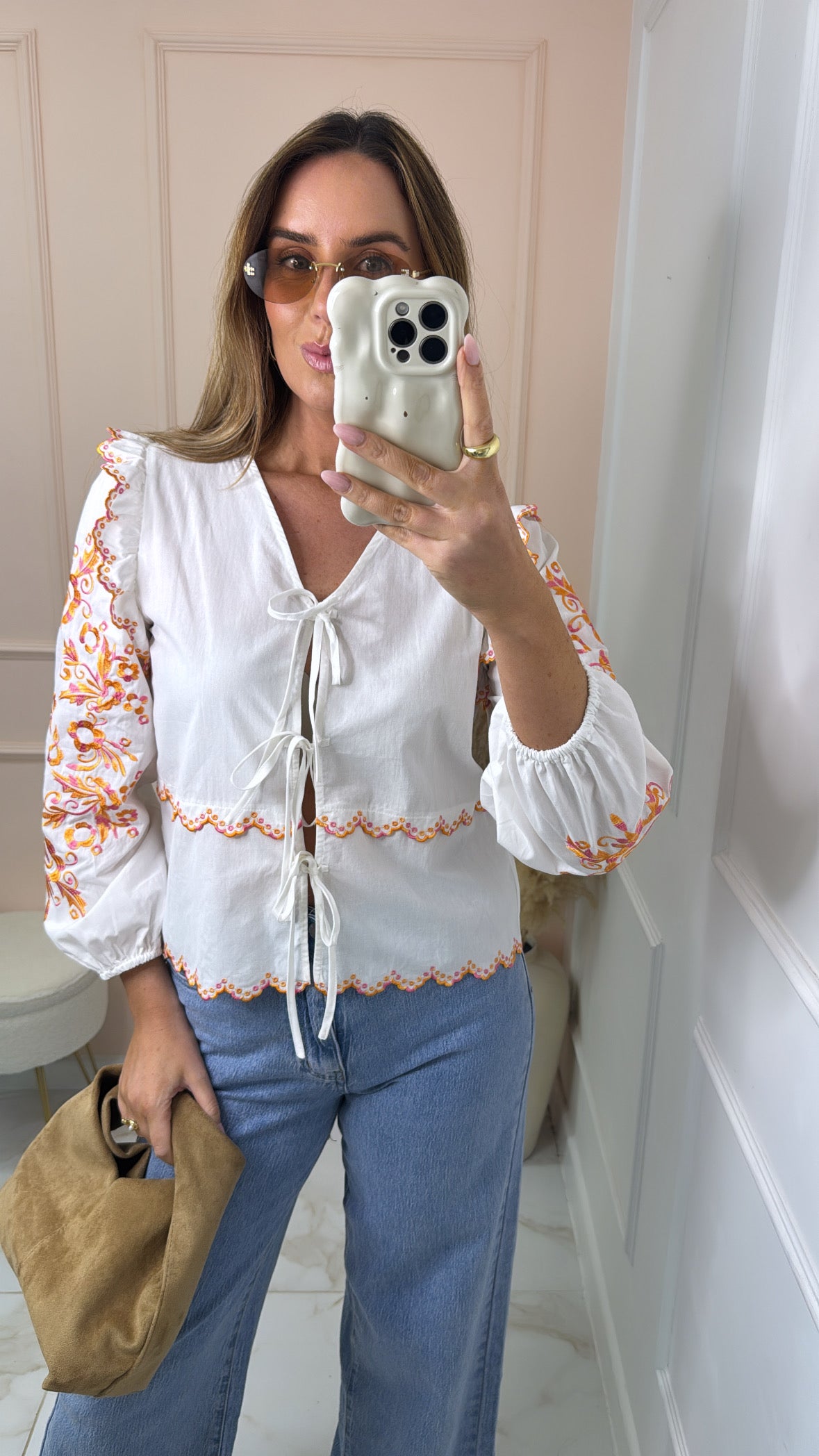 BETH white tie front embroidered top