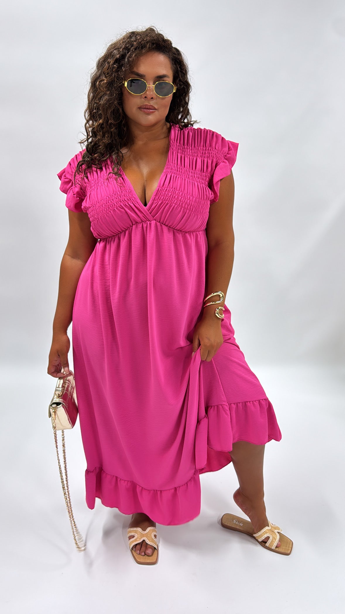 IMOGEN pink frill sleeve maxi dress