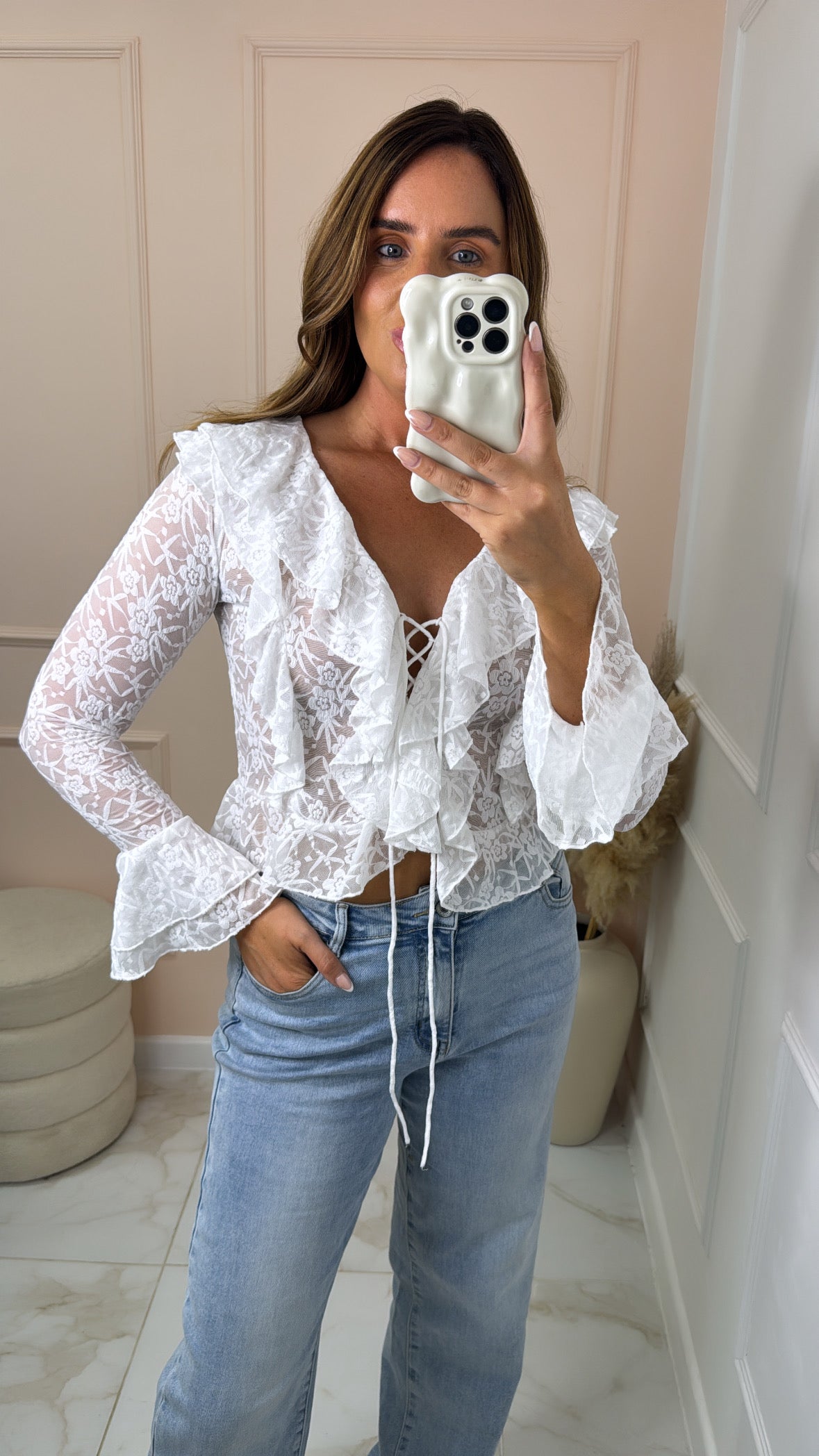 BRIELLE white sheer lace tie front blouse