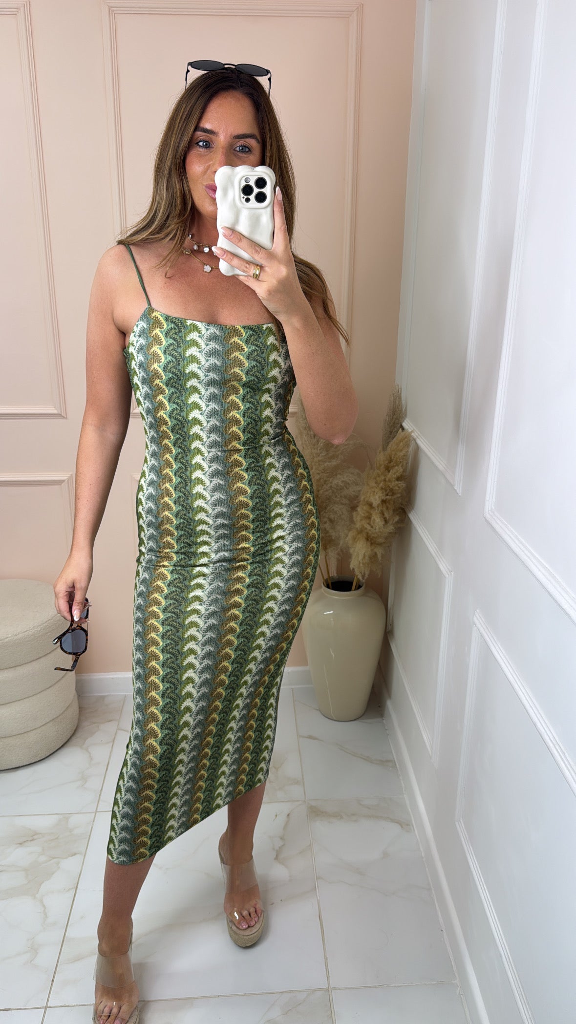 EMMA khaki zig zag wave print midi dress