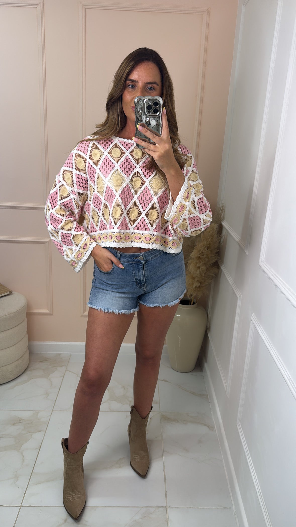 FRAN pink patterned crochet top