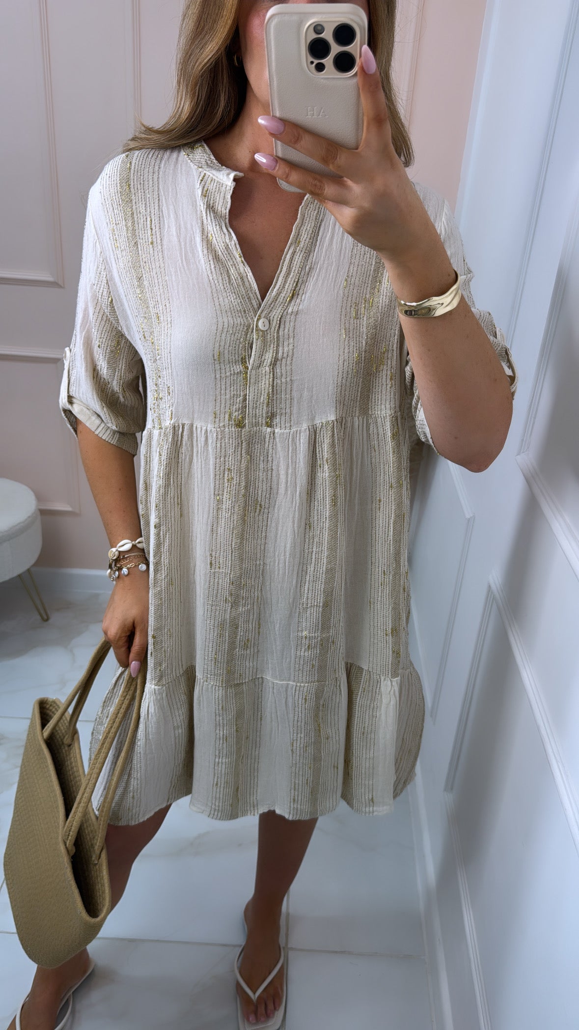 ANNIE beige & gold metallic smock dress