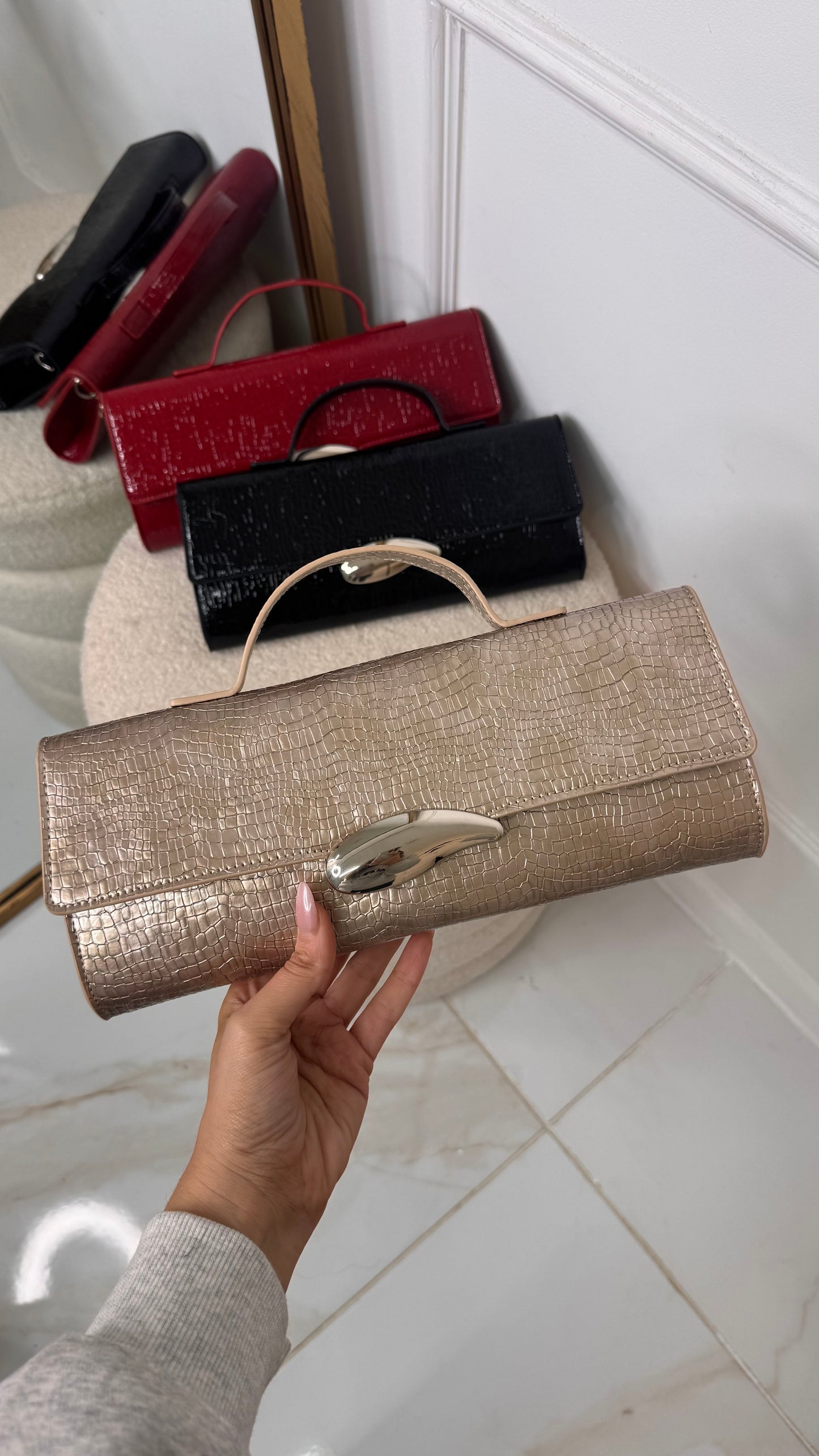 KAYLEE beige patent croc effect bag