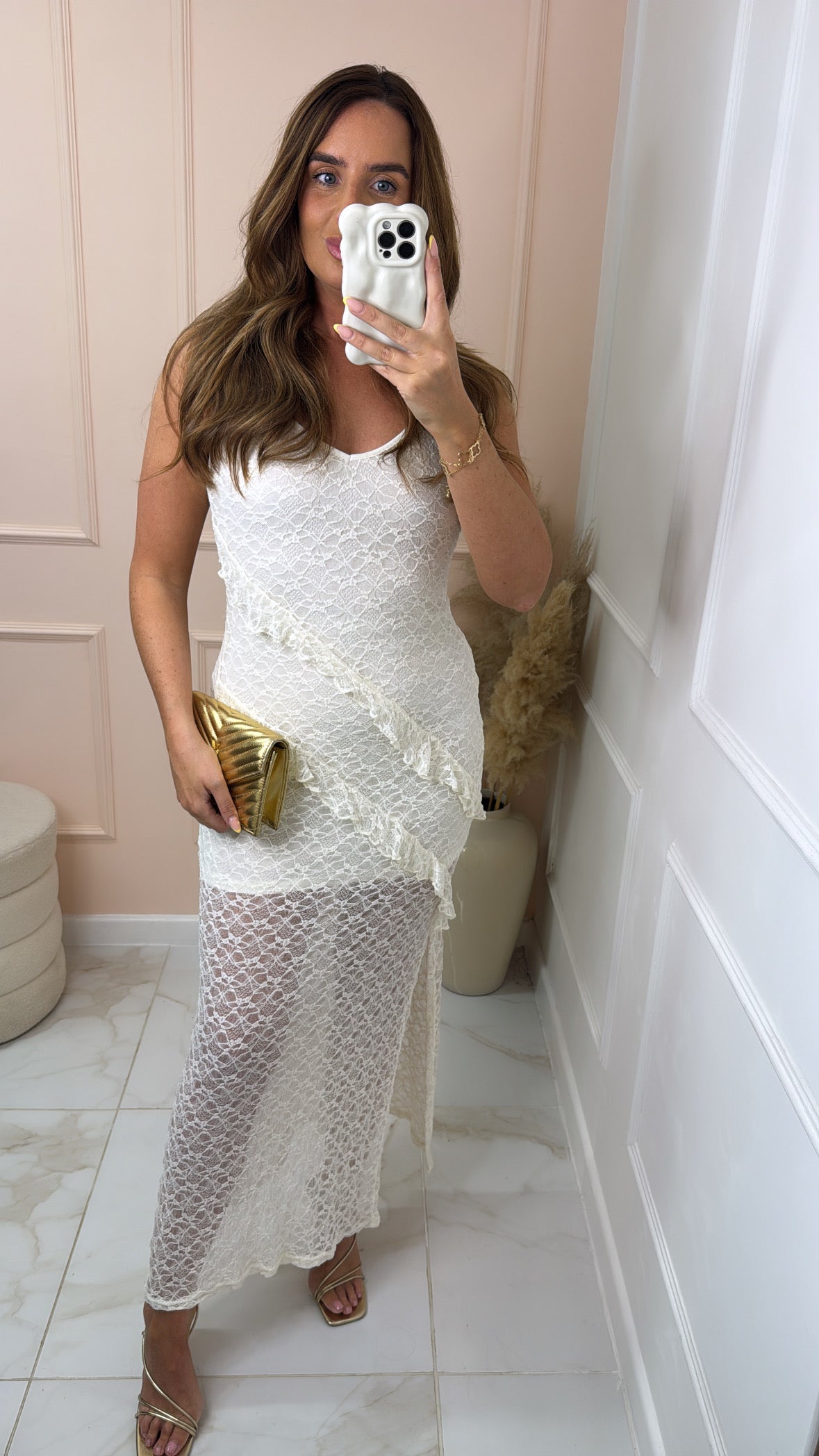 BELLA white frill lace maxi dress