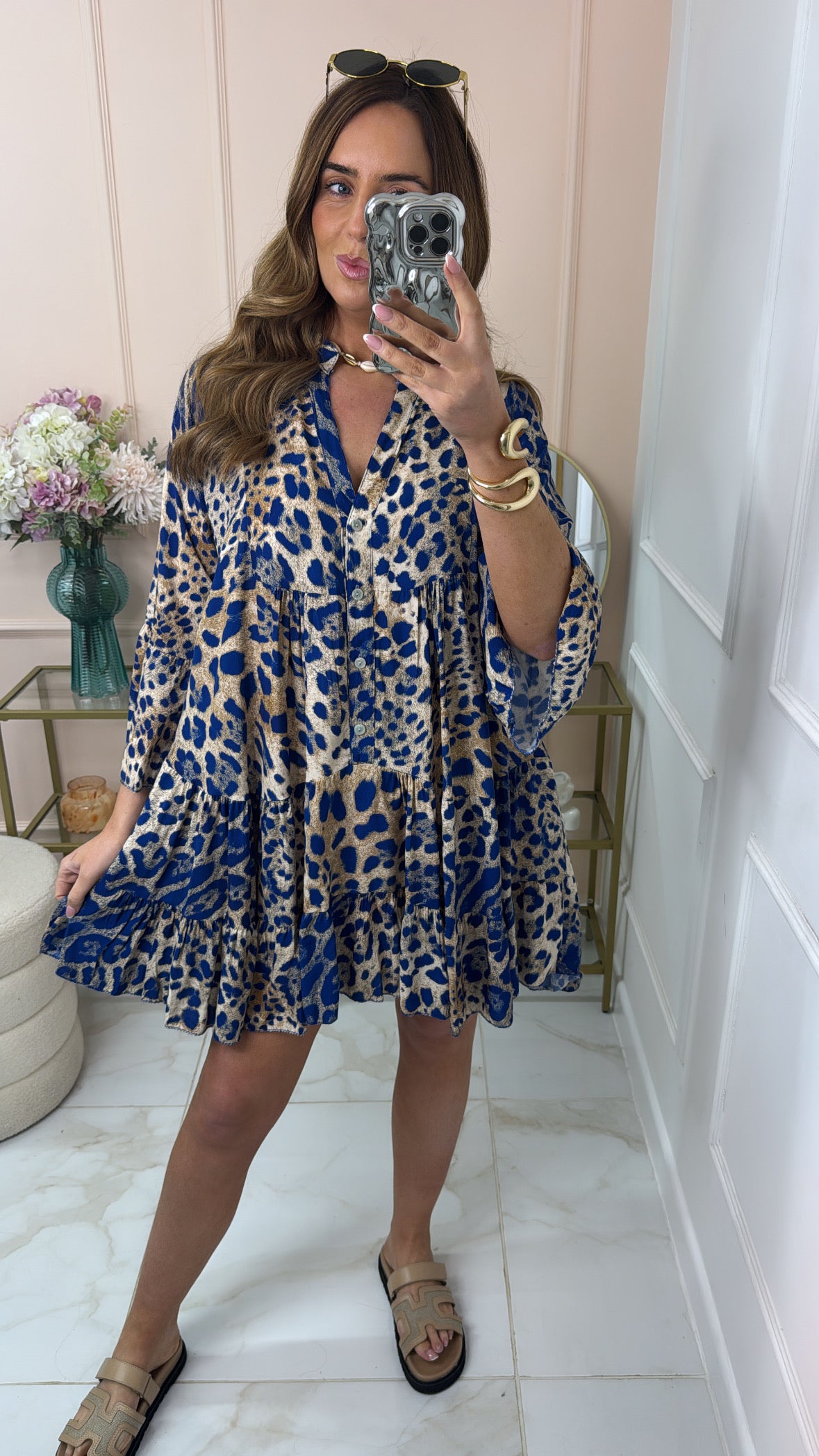 ROMEE blue leopard tiered dress