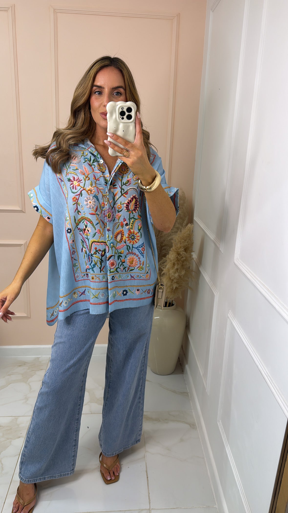 ELODIE blue floral embroidered boho shirt