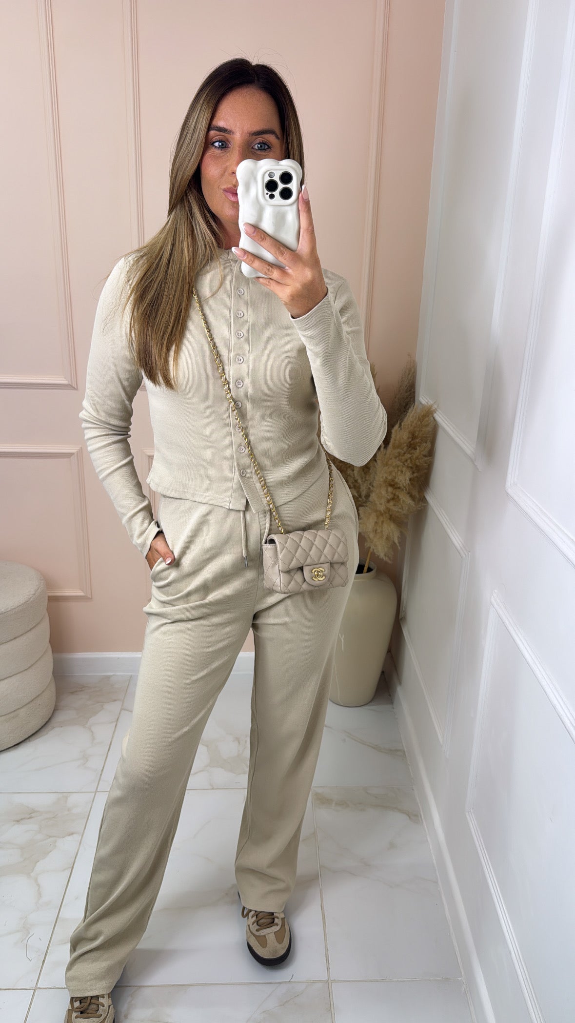 SHARNA beige ribbed button lounge set