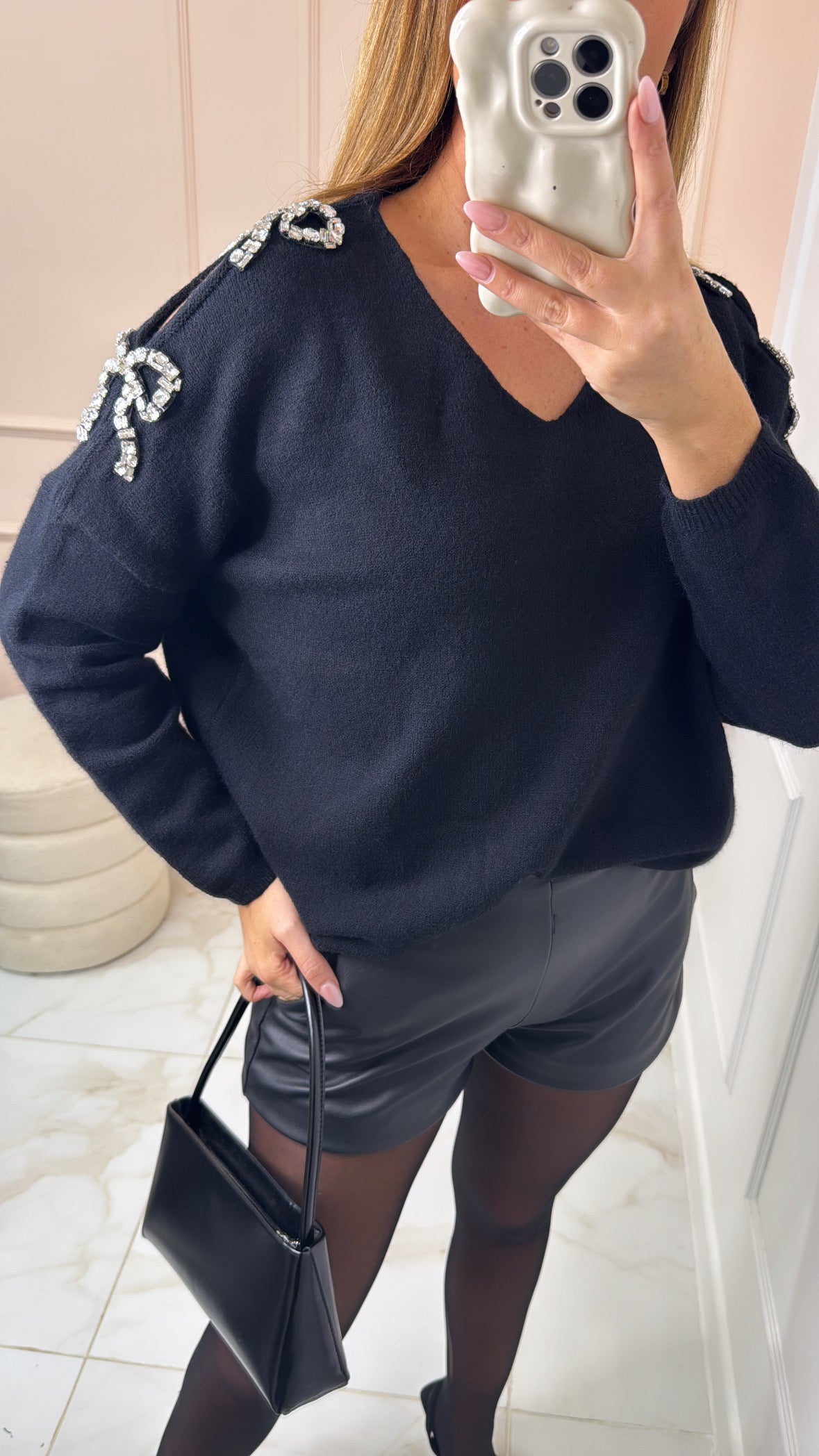 ISLA black diamante bow detail jumper