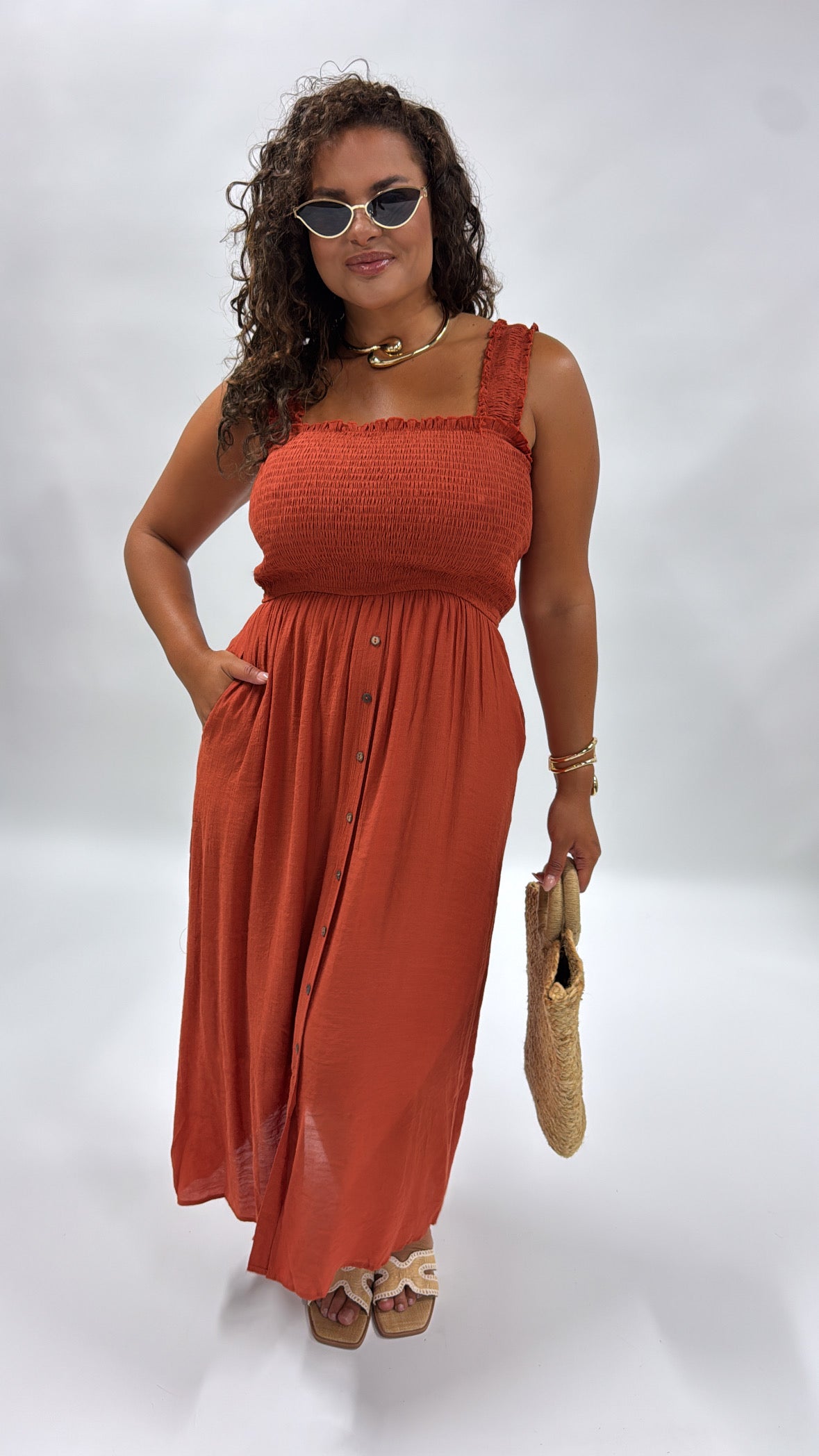 LAURA rust shirred maxi dress
