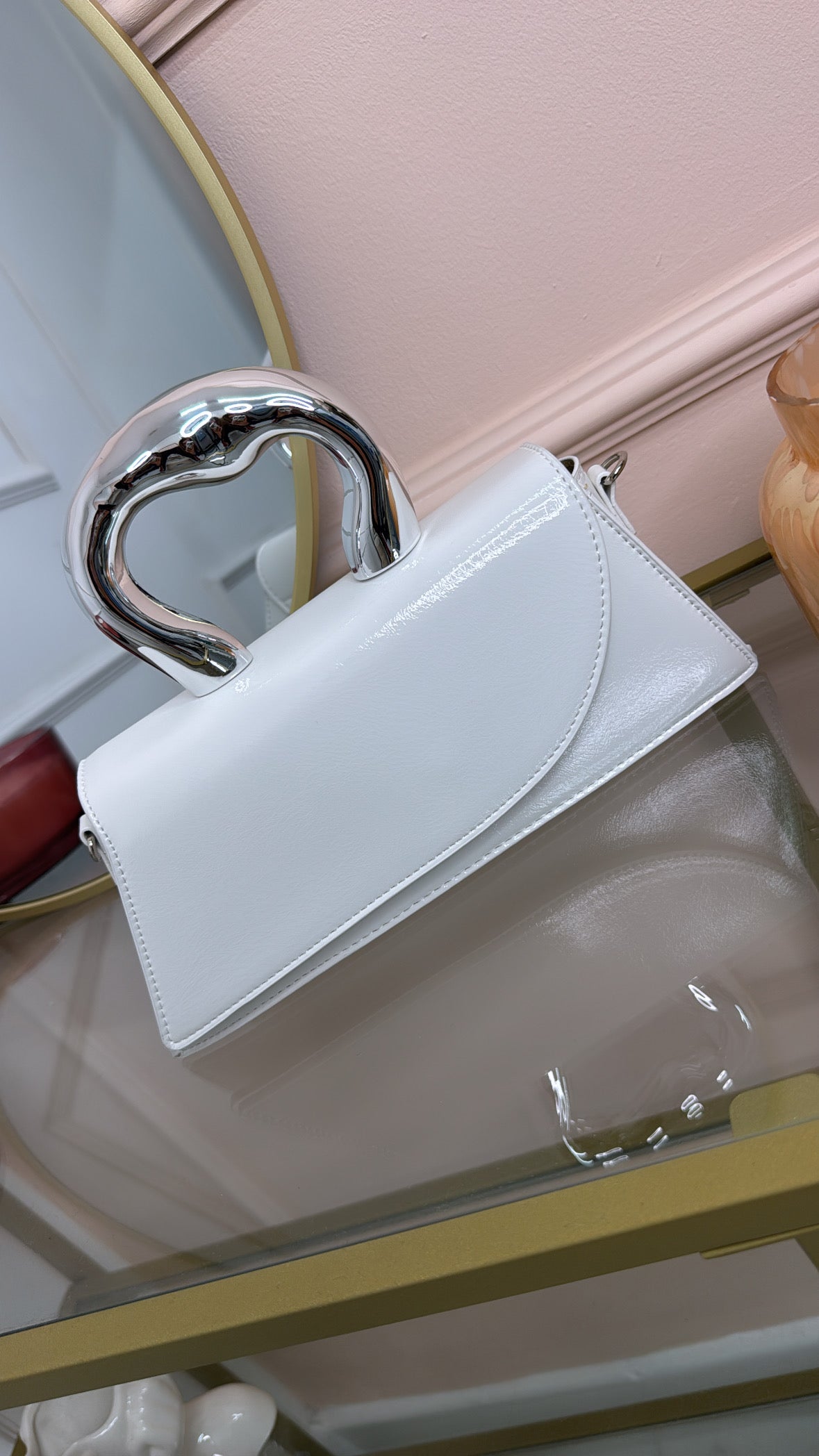 CLARISSA white patent silver chunky handle bag