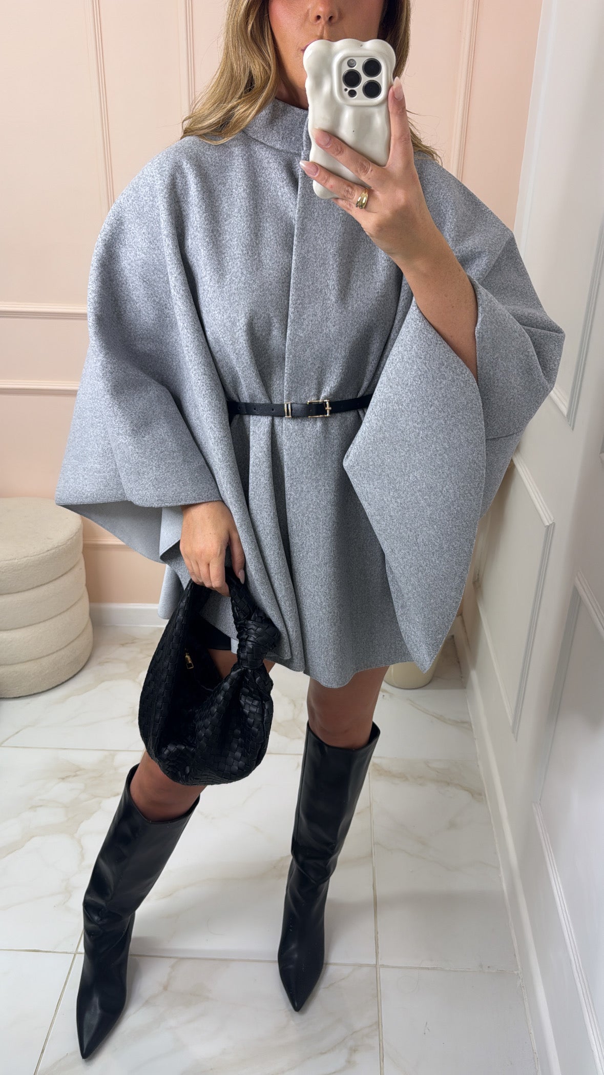 KAYLEIGH grey oversized belted cape