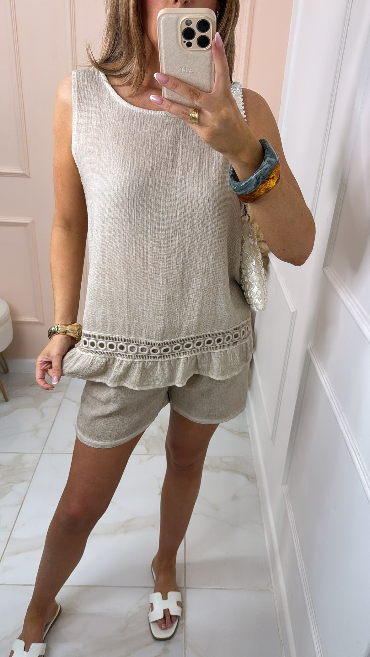 TILLY beige embroidered frill short set