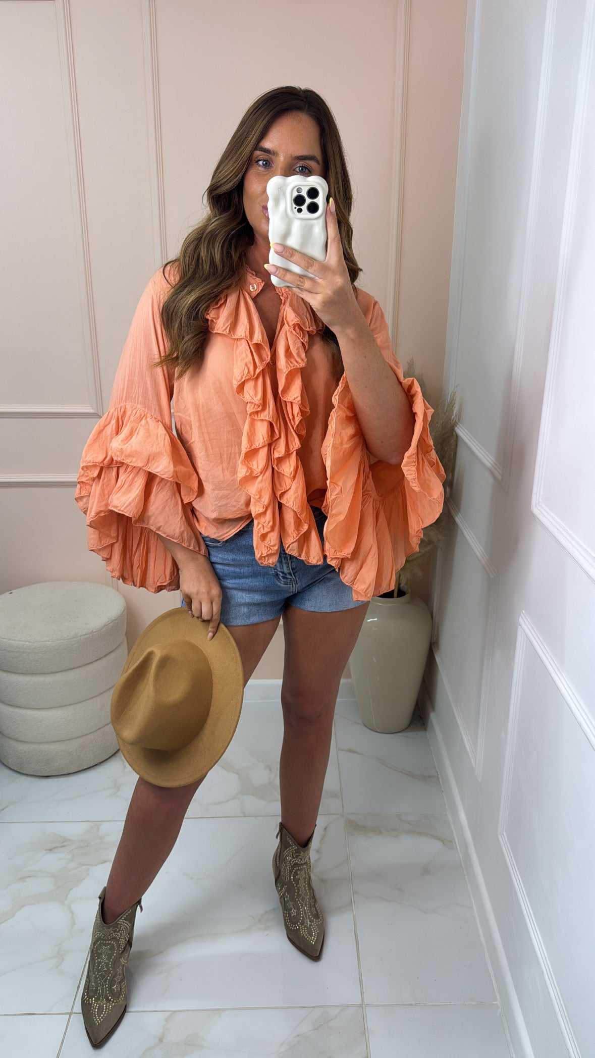 AALIYAH coral ruffle trim button up blouse
