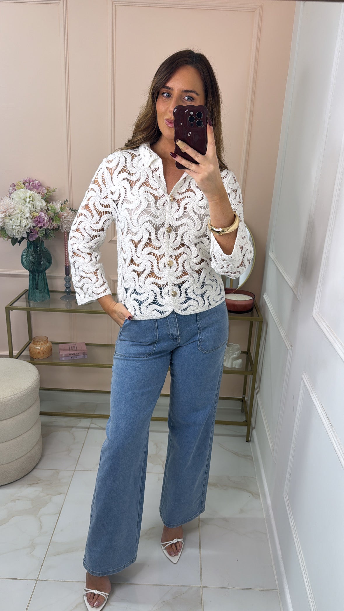 CLARA white crochet gold button shirt