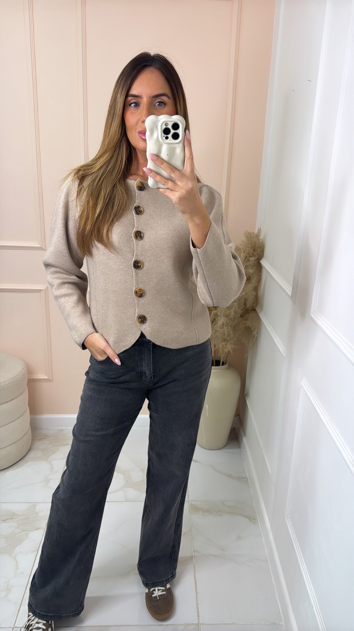 JODIE taupe button fitted cardigan