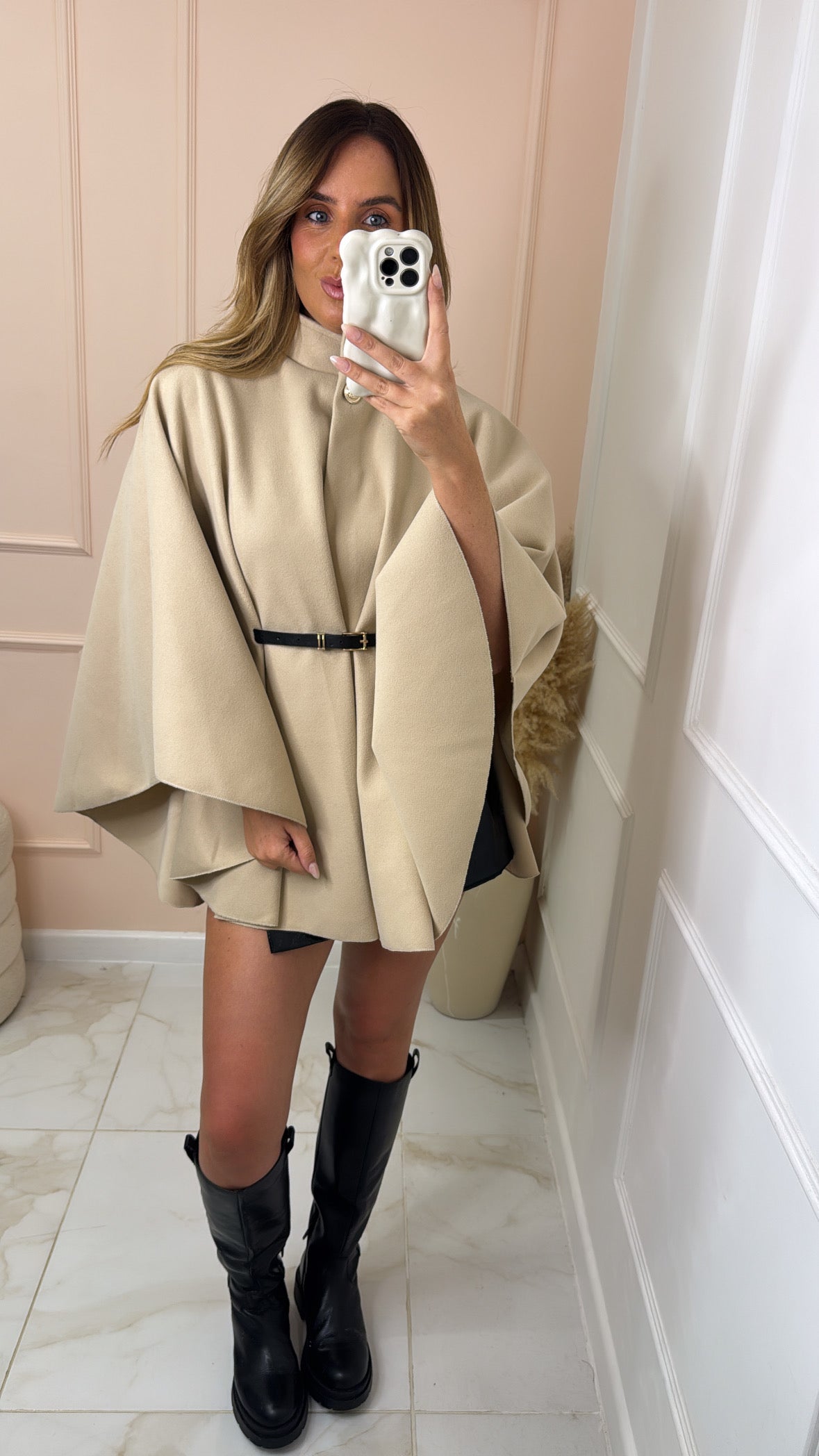 KAYLEIGH beige oversized belted cape