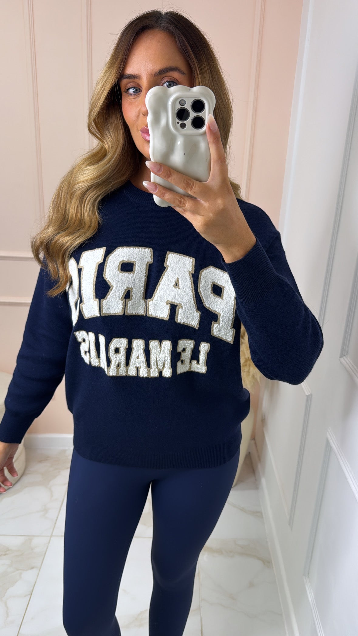 PARIS navy teddy effect embroidered knit sweater