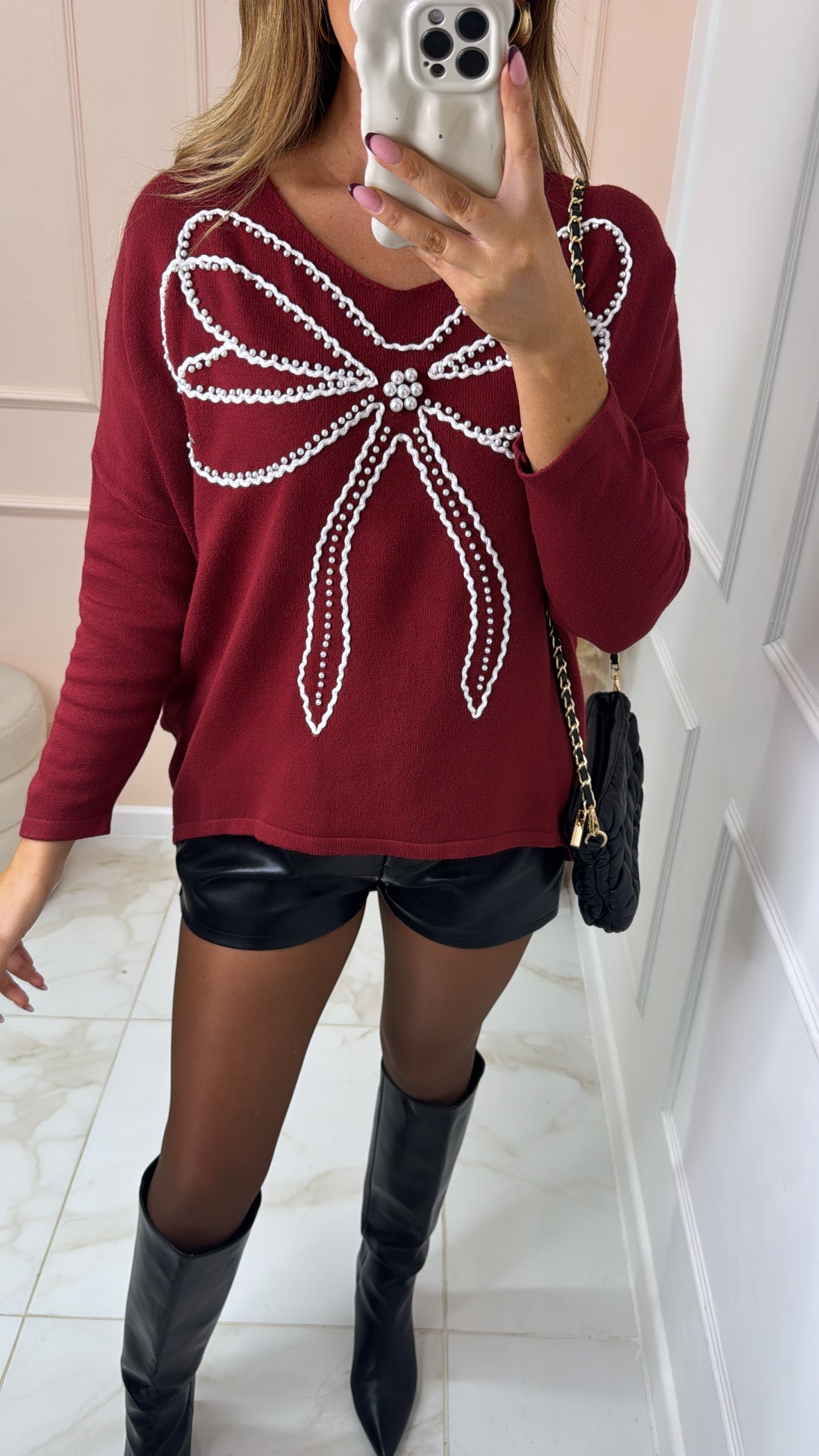 BETHANY burgundy pearl bow jumper